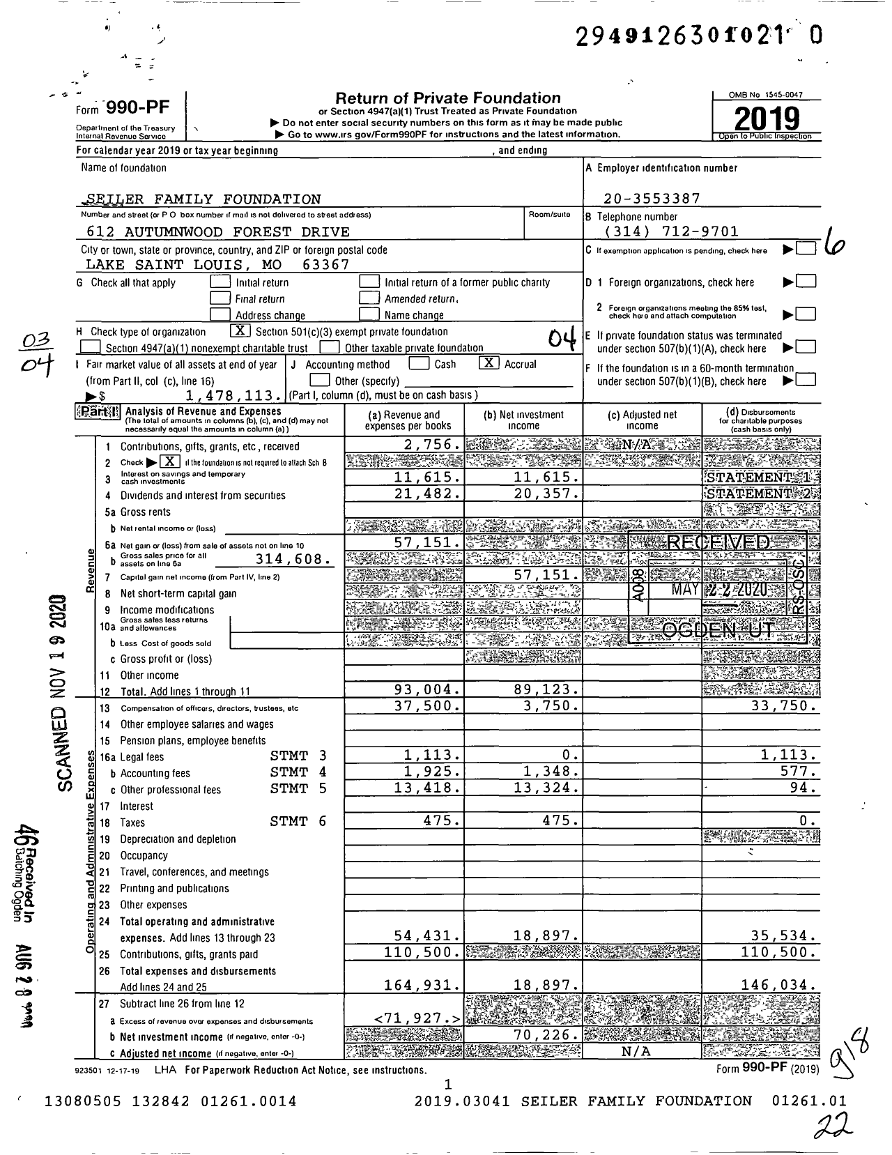 Image of first page of 2019 Form 990PF for Seiler Family Foundation