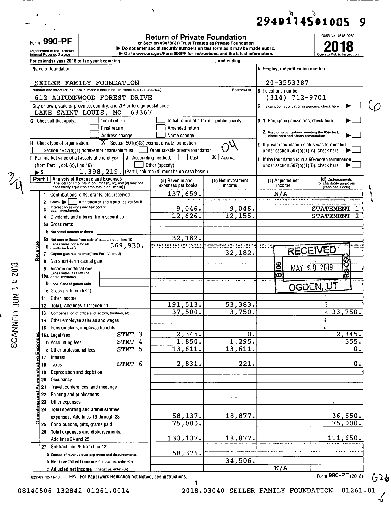 Image of first page of 2018 Form 990PF for Seiler Family Foundation
