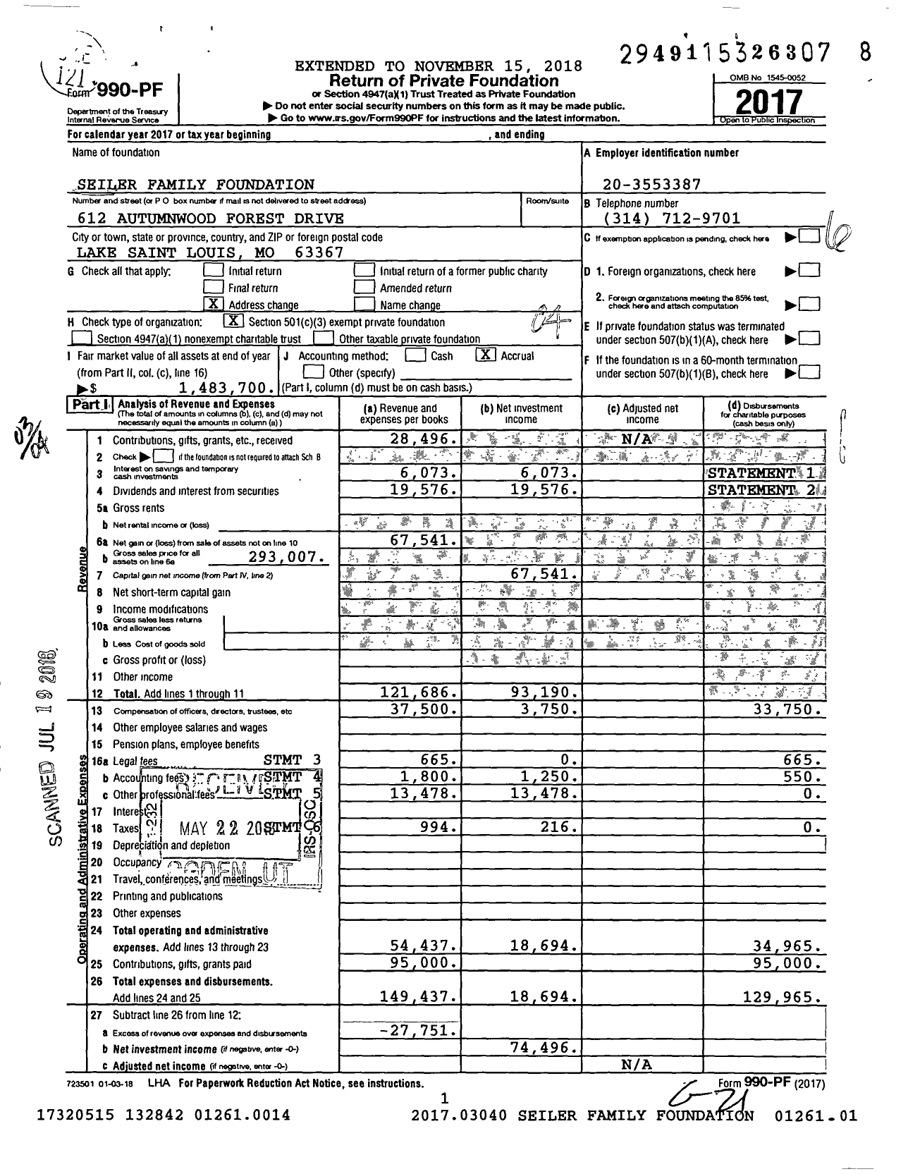 Image of first page of 2017 Form 990PF for Seiler Family Foundation