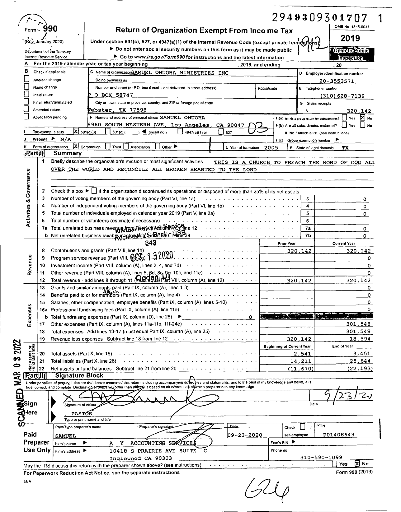 Image of first page of 2019 Form 990 for Samuel Onuoha Ministries