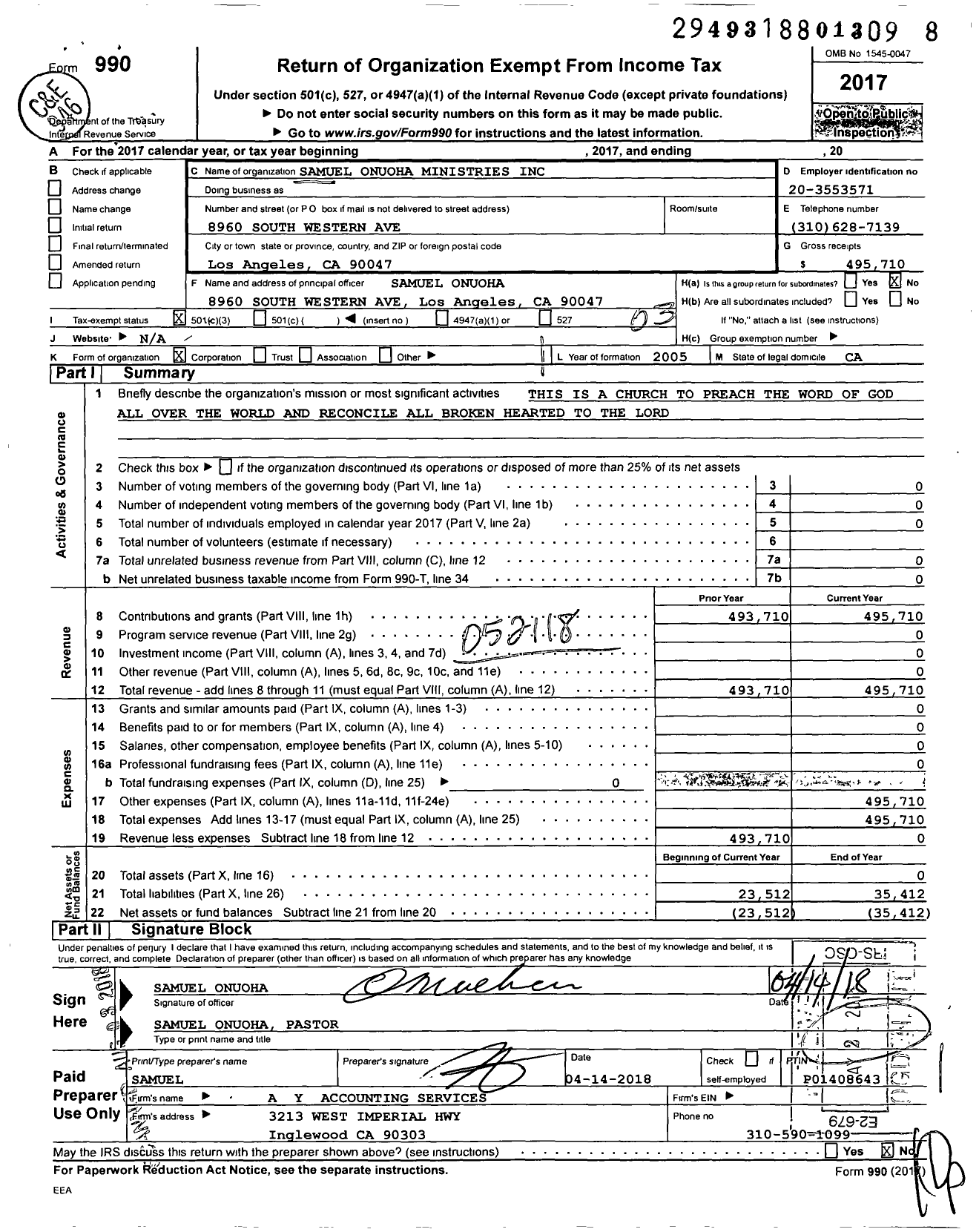 Image of first page of 2017 Form 990 for Samuel Onuoha Ministries