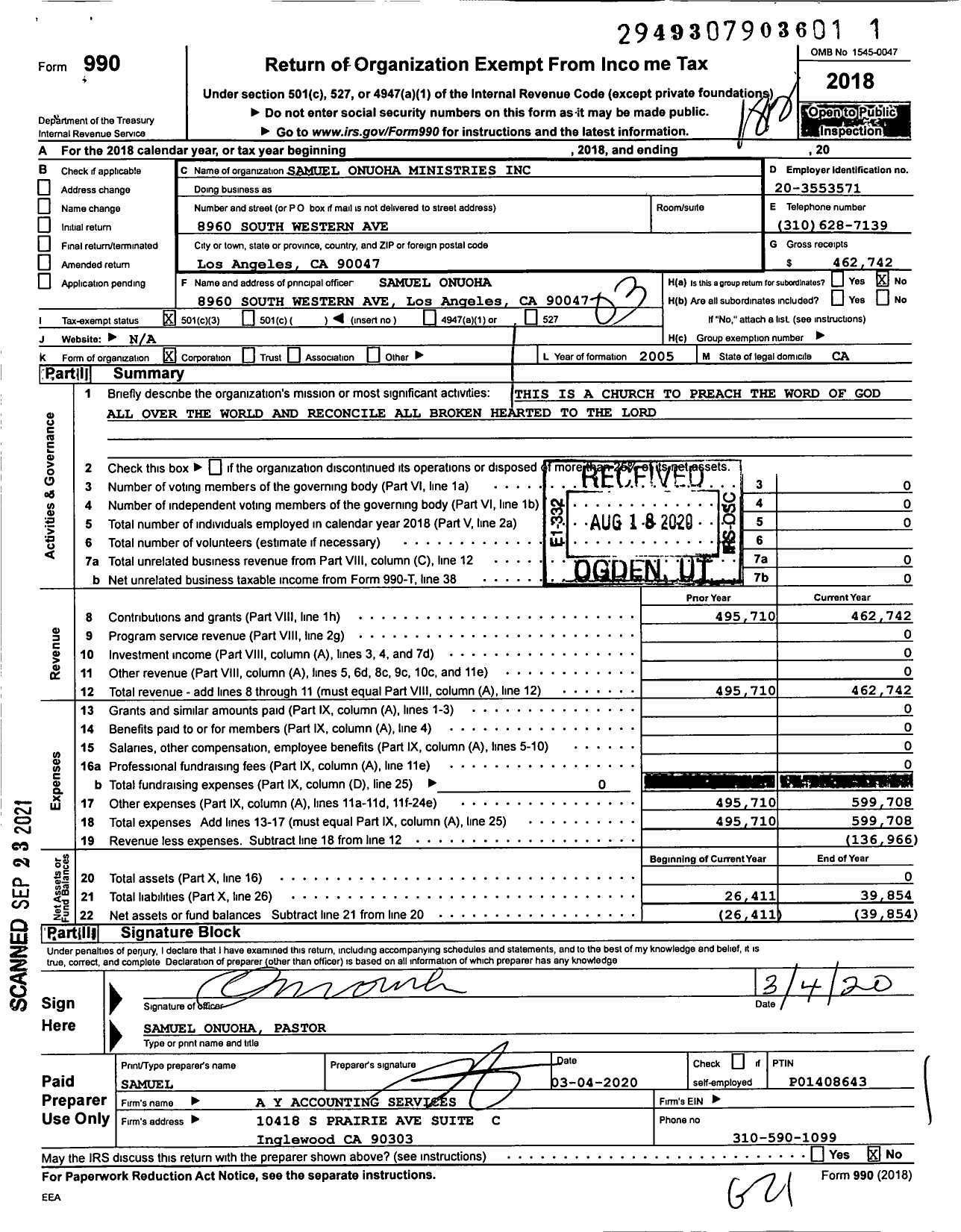 Image of first page of 2018 Form 990 for Samuel Onuoha Ministries