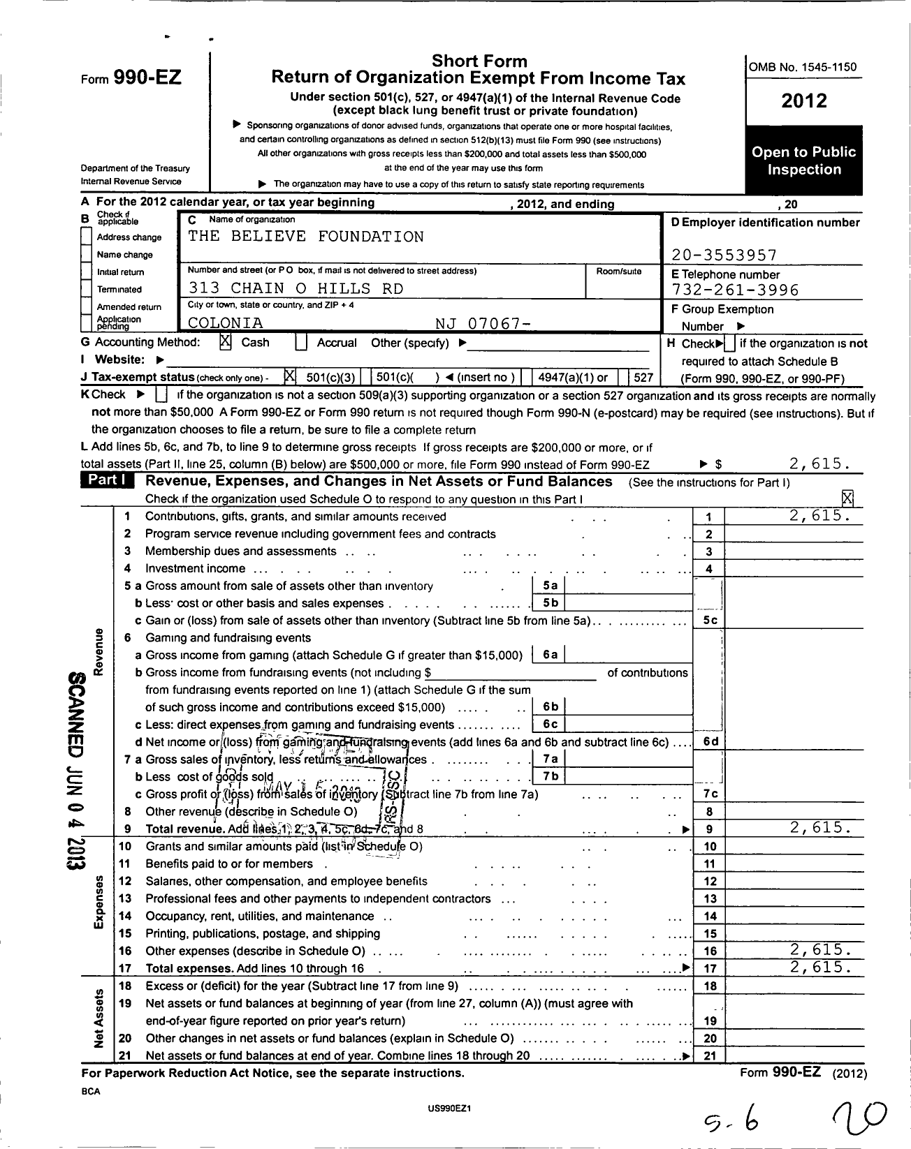 Image of first page of 2012 Form 990EZ for The Believe Foundation