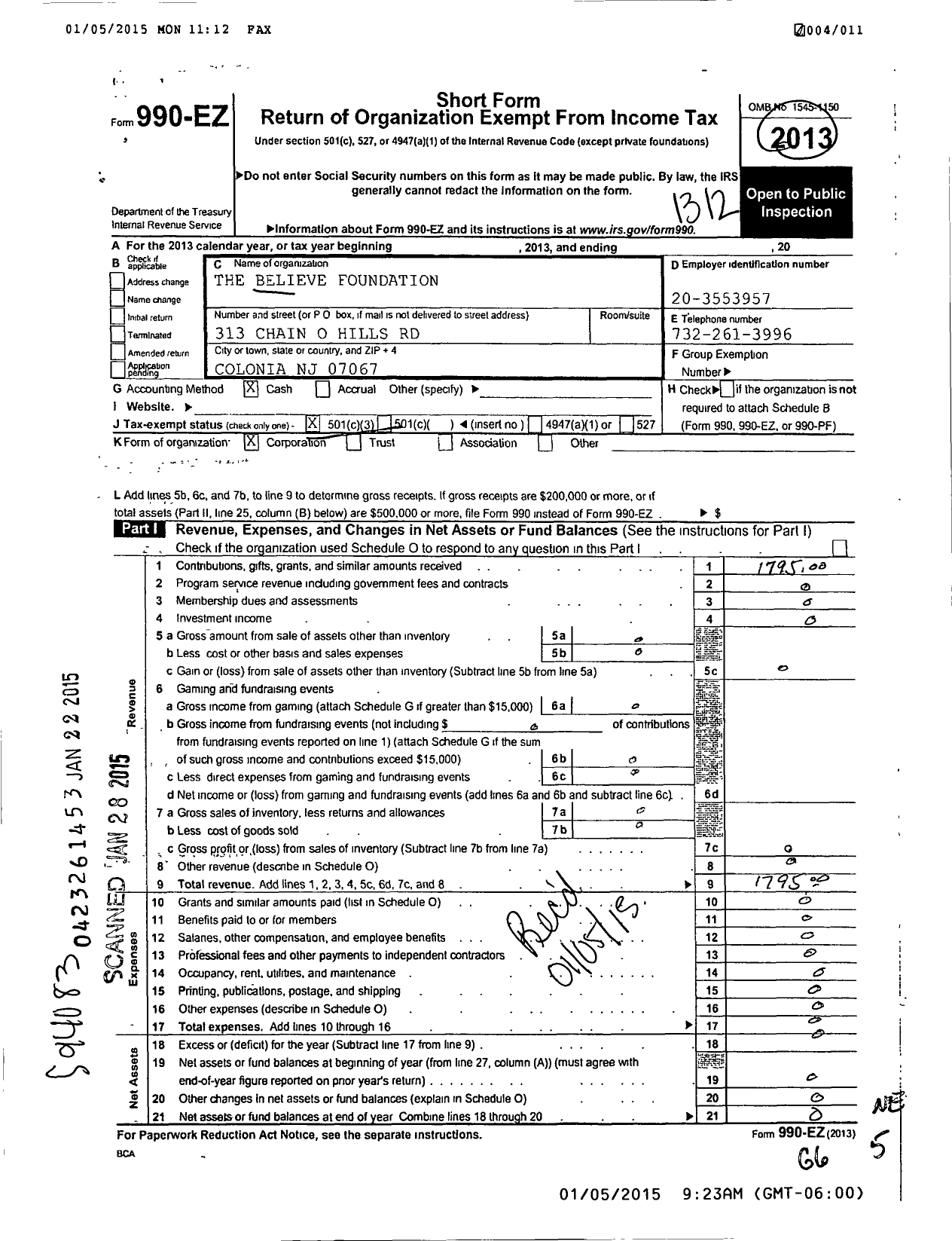 Image of first page of 2013 Form 990EZ for The Believe Foundation