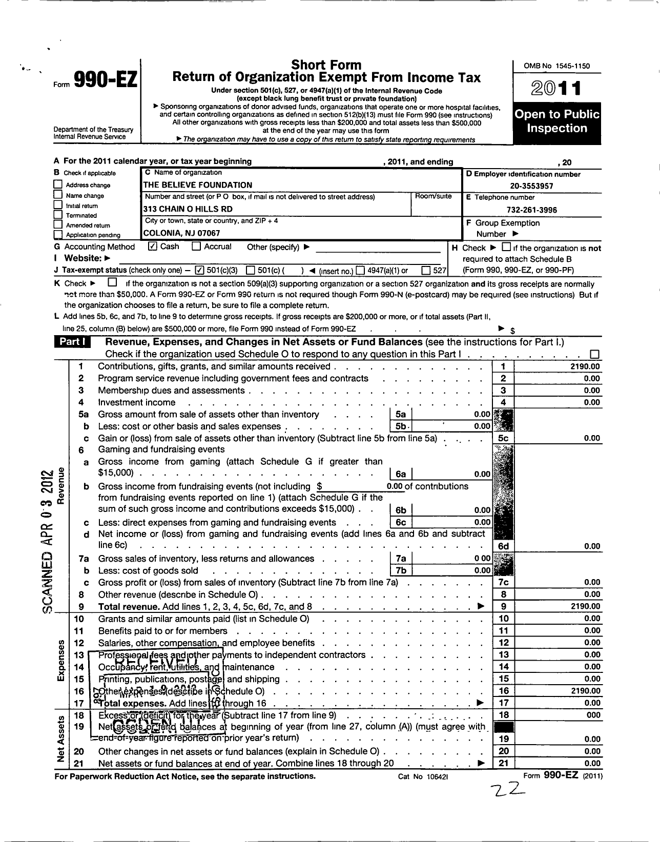 Image of first page of 2011 Form 990EZ for The Believe Foundation