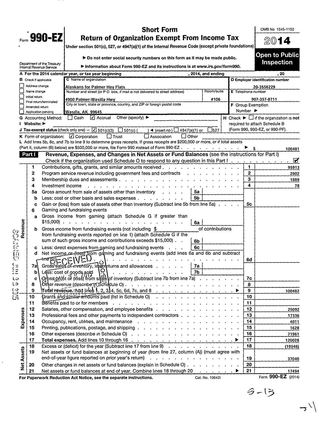 Image of first page of 2014 Form 990EZ for Alaskans for Palmer Hay Flats