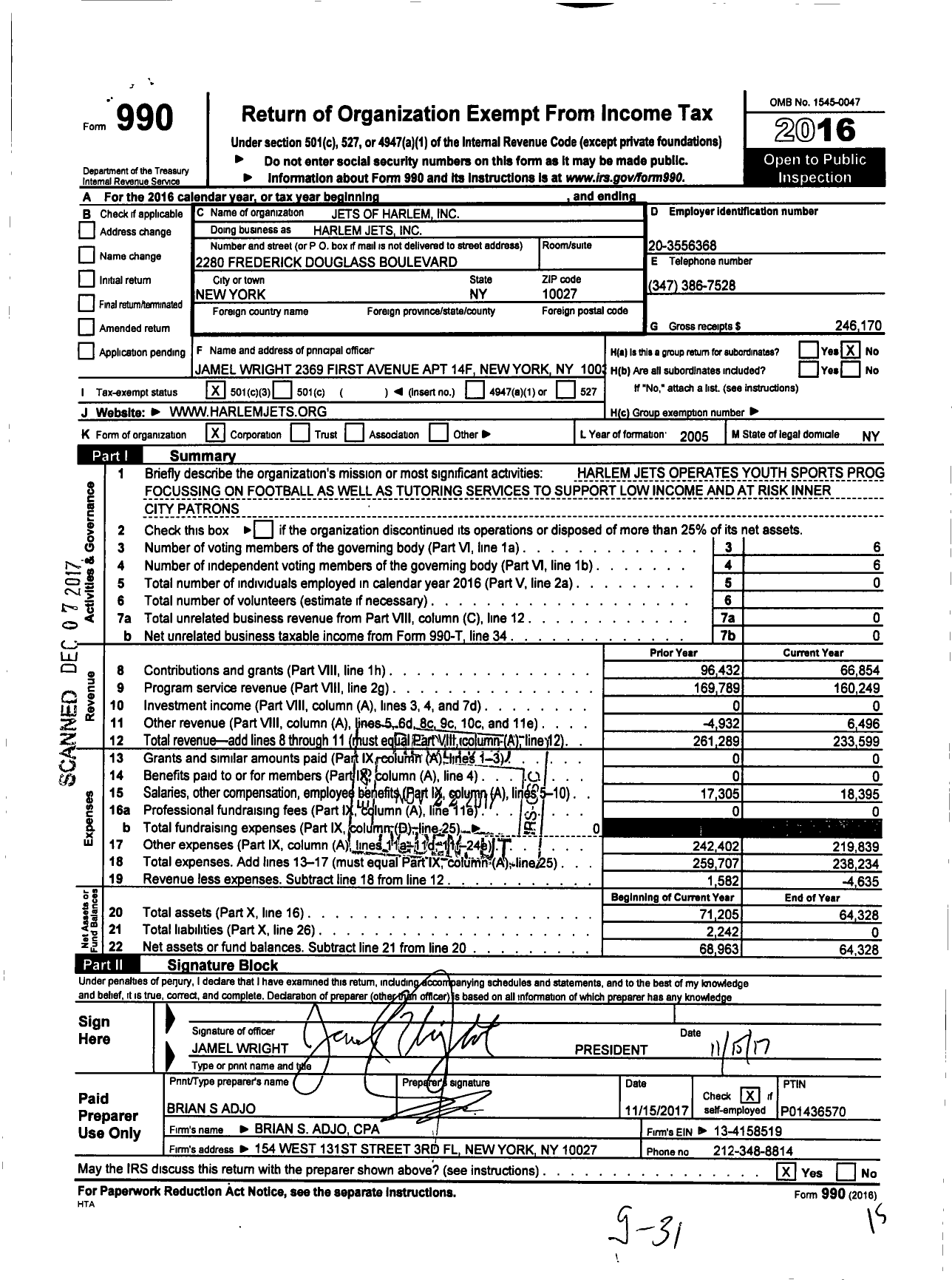 Image of first page of 2016 Form 990 for Harlem Jets