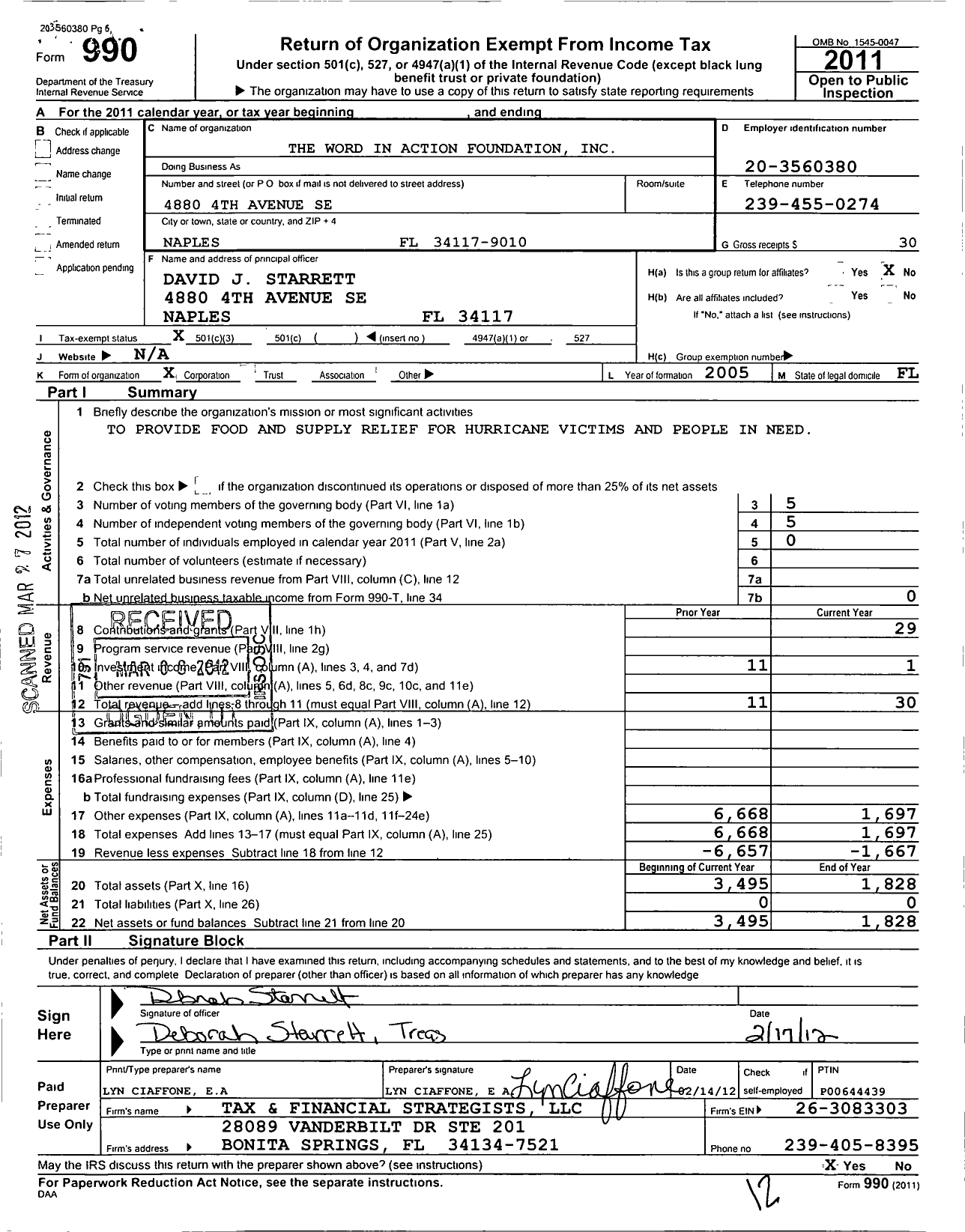 Image of first page of 2011 Form 990 for Word in Action Foundation