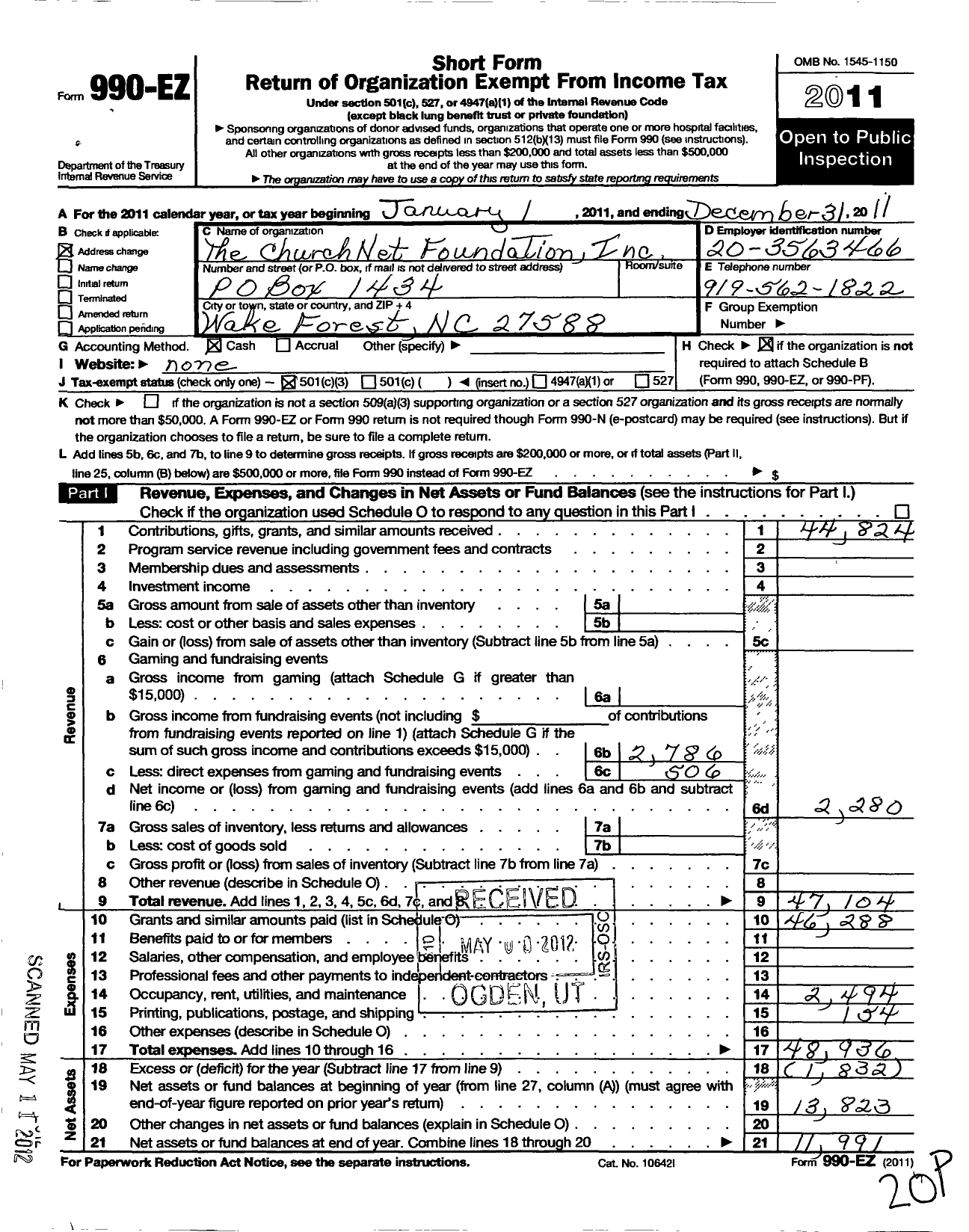 Image of first page of 2011 Form 990EZ for Churchnet Foundation