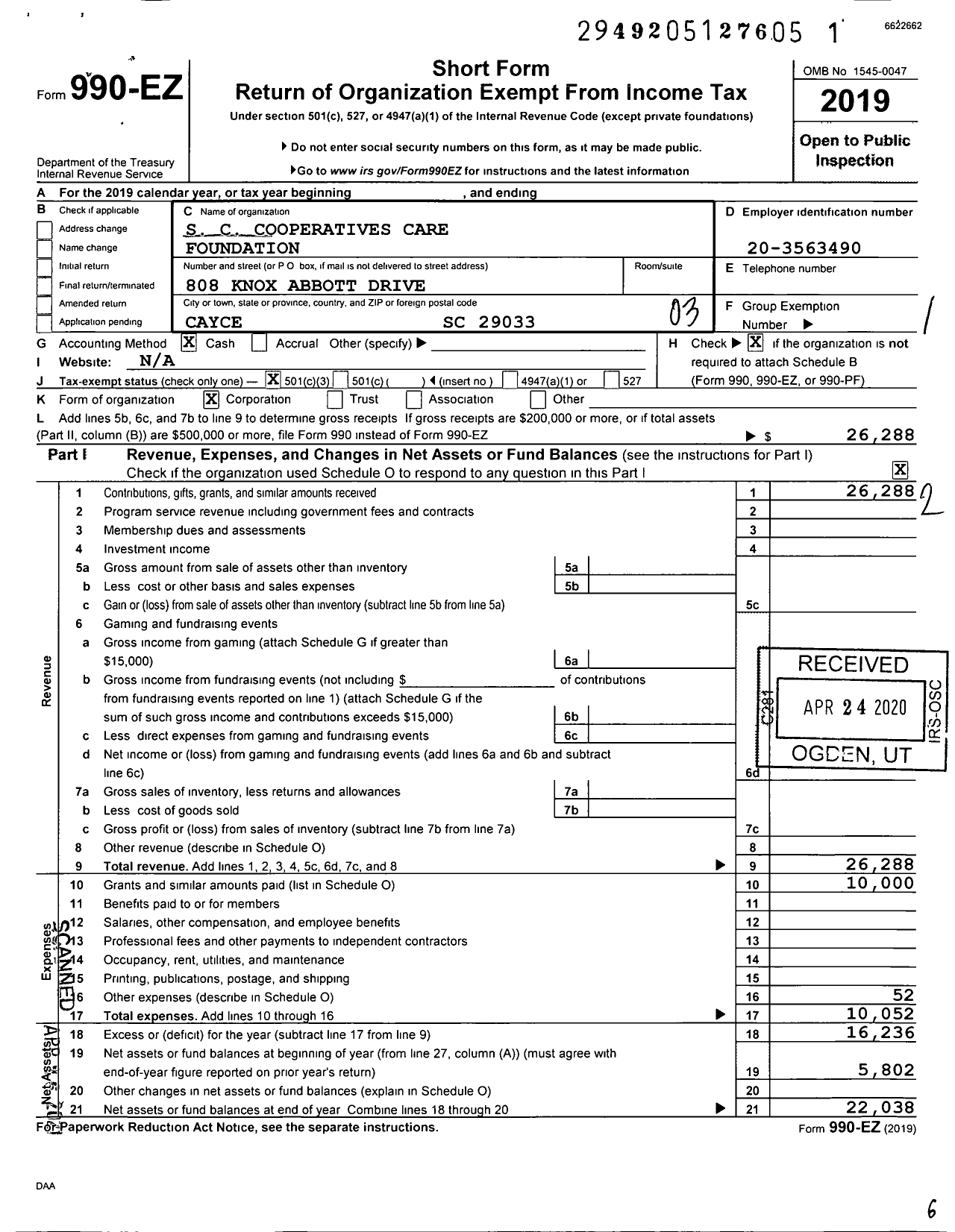 Image of first page of 2019 Form 990EZ for South Carolina Cooperatives Care Foundation