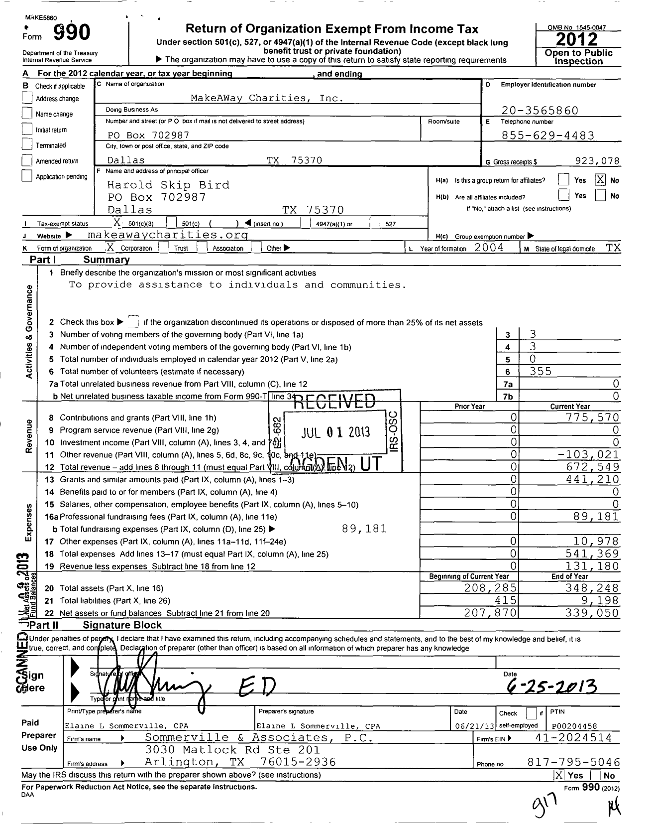 Image of first page of 2012 Form 990 for Makeaway Charities