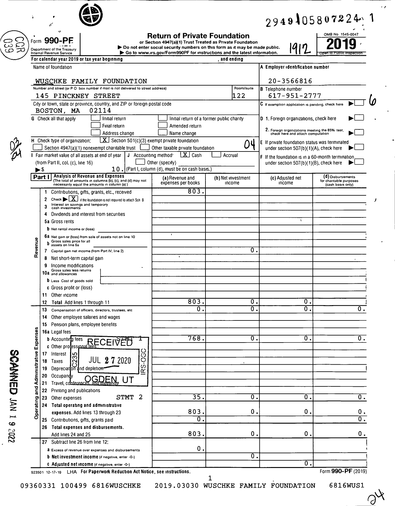 Image of first page of 2019 Form 990PF for Wuschke Family Foundation