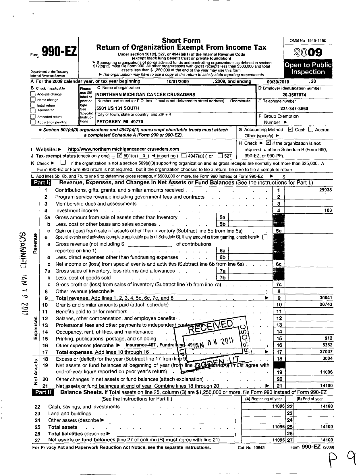 Image of first page of 2009 Form 990EZ for Northern Michigan Cancer Crusaders