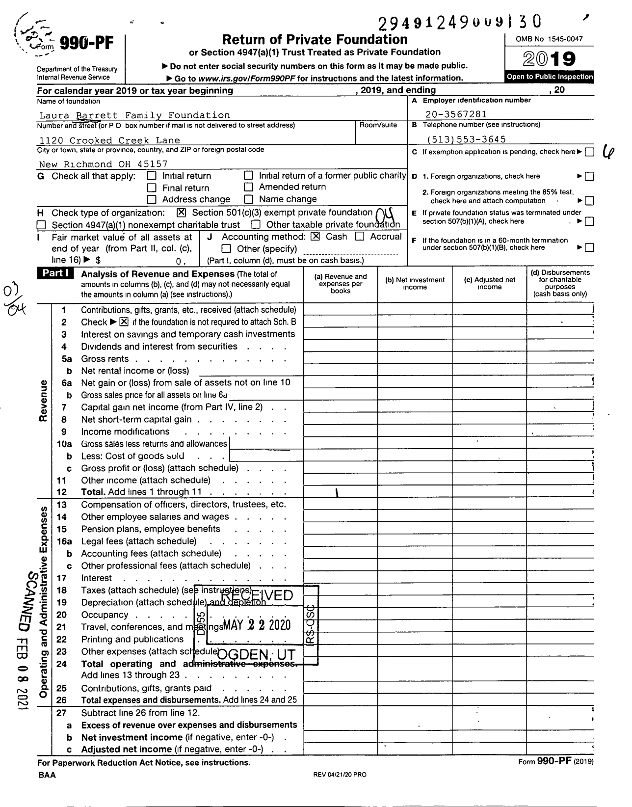 Image of first page of 2019 Form 990PF for Laura Barrett Family Foundation