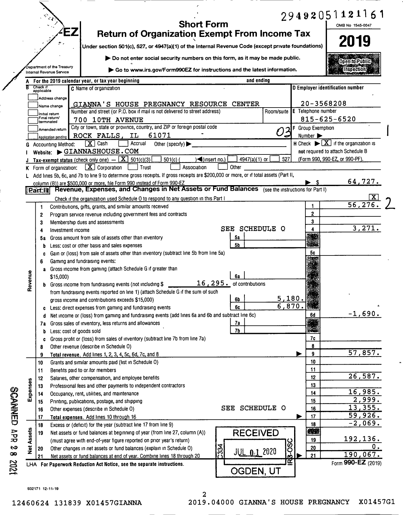 Image of first page of 2019 Form 990EZ for Giannas House Pregnancy Resource Center