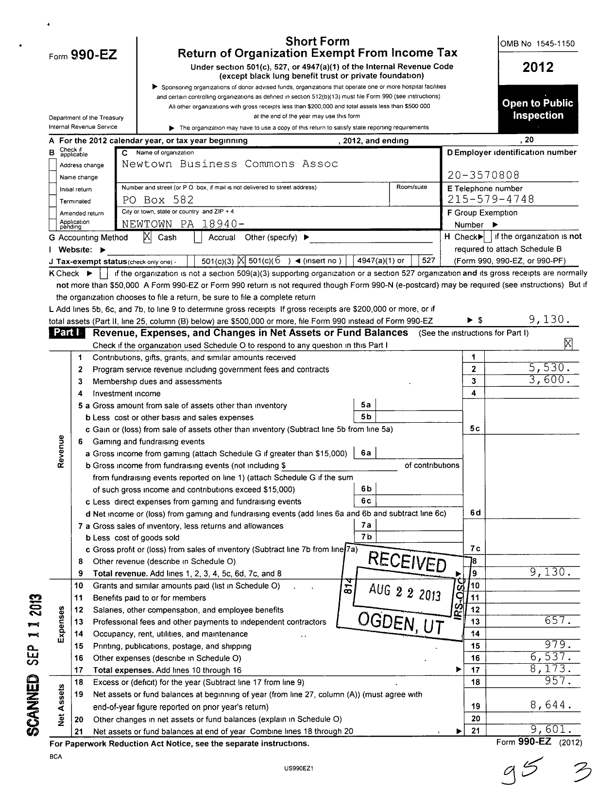 Image of first page of 2012 Form 990EO for Newtown Business Commons Association