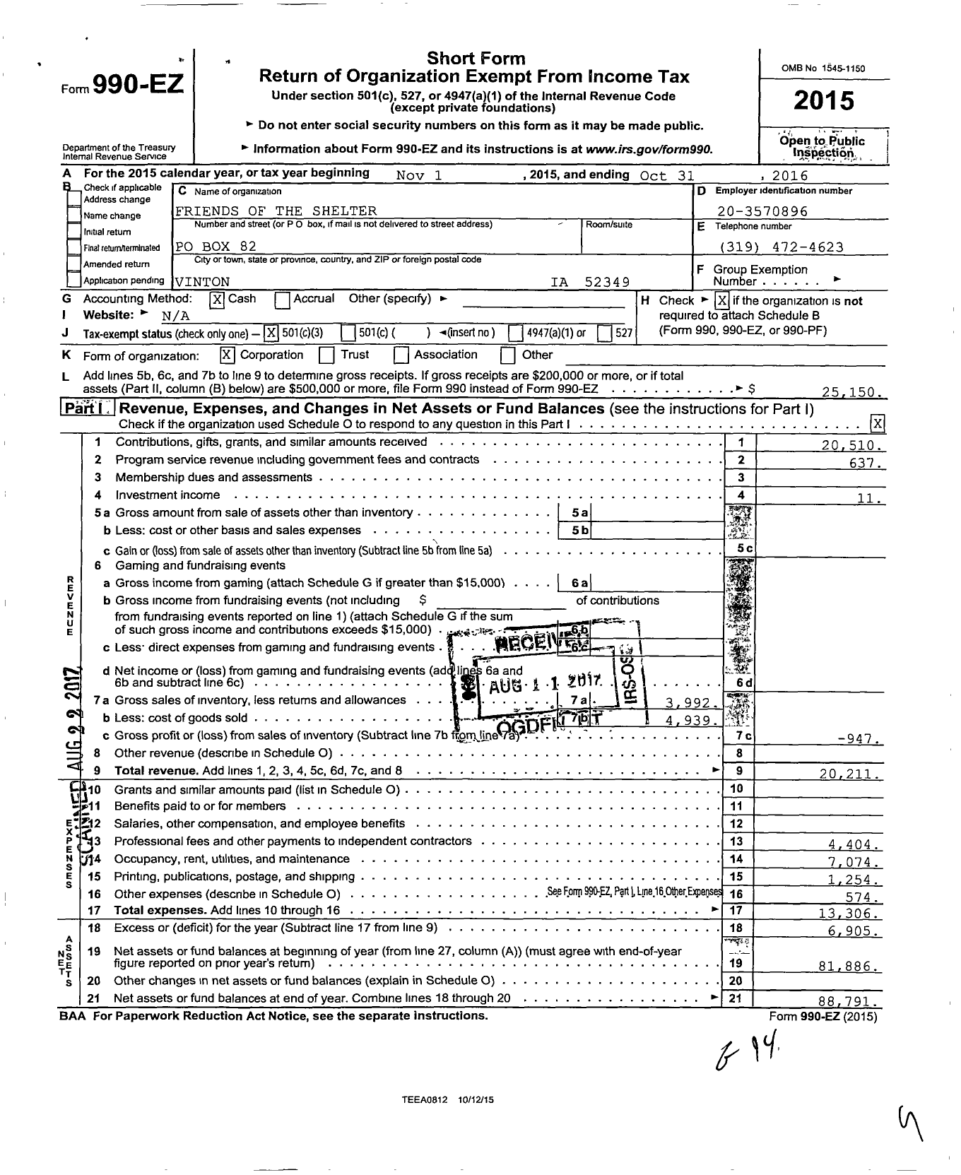 Image of first page of 2015 Form 990EZ for Friends of the Shelter