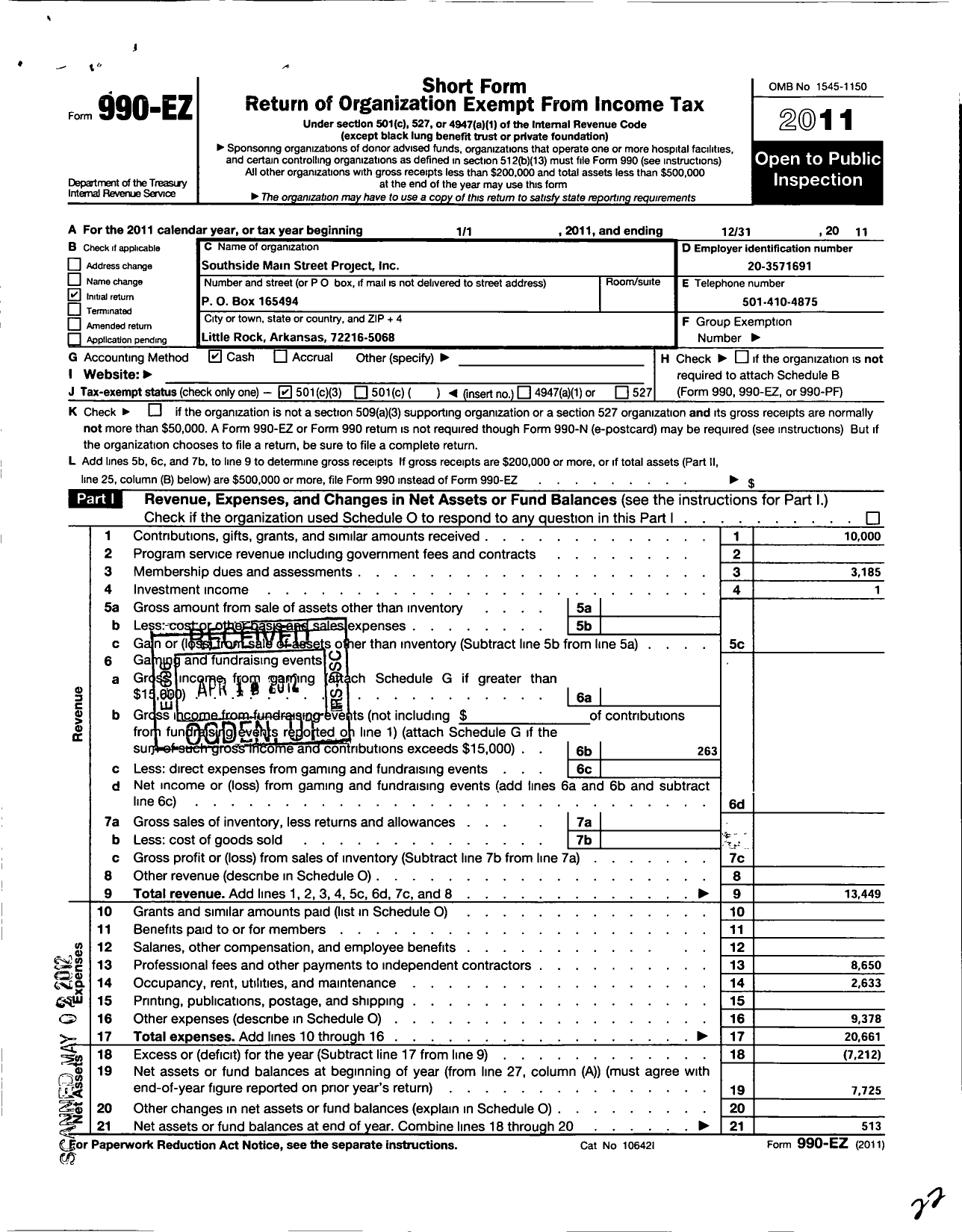 Image of first page of 2011 Form 990EZ for Soma 501 Little Rock