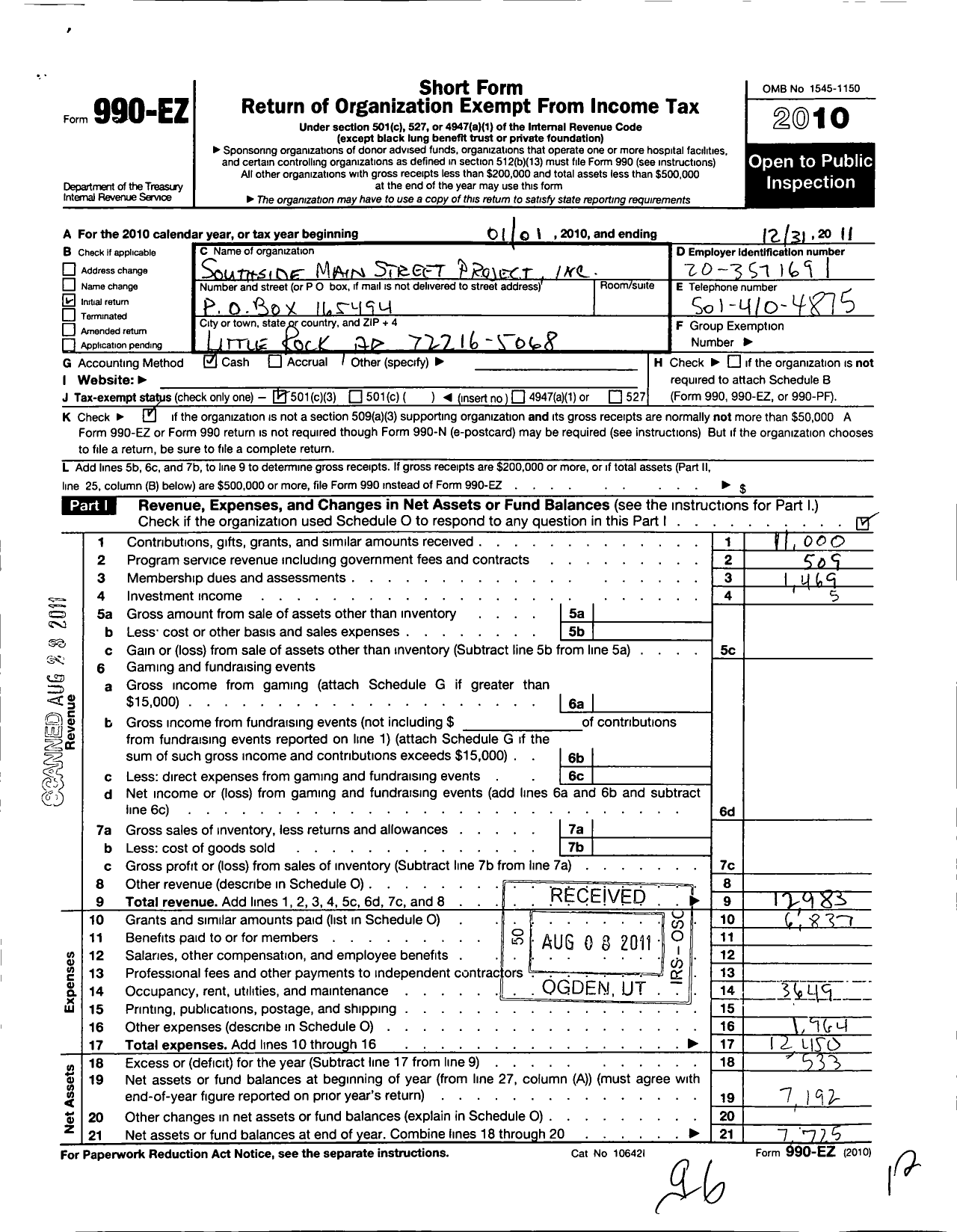 Image of first page of 2011 Form 990EZ for Soma 501 Little Rock