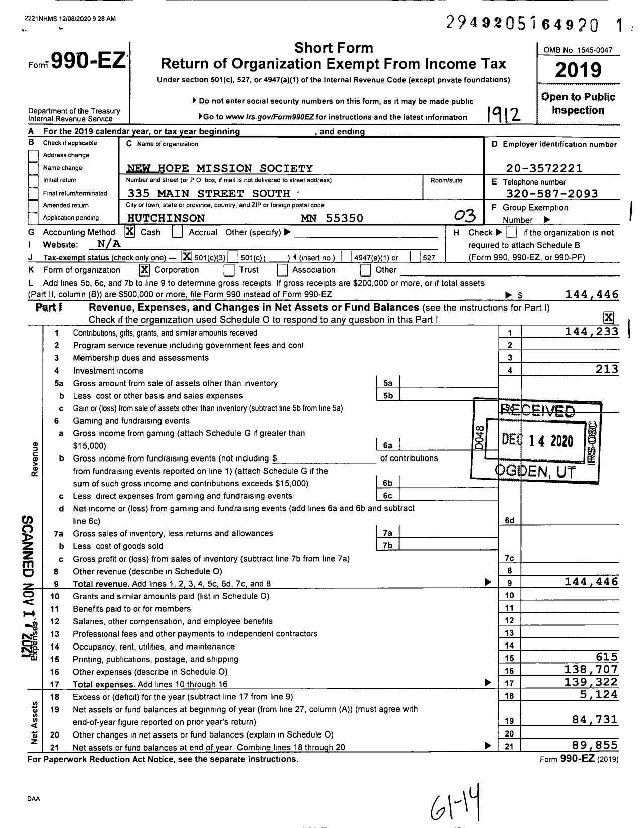 Image of first page of 2019 Form 990EZ for New Hope Mission Society