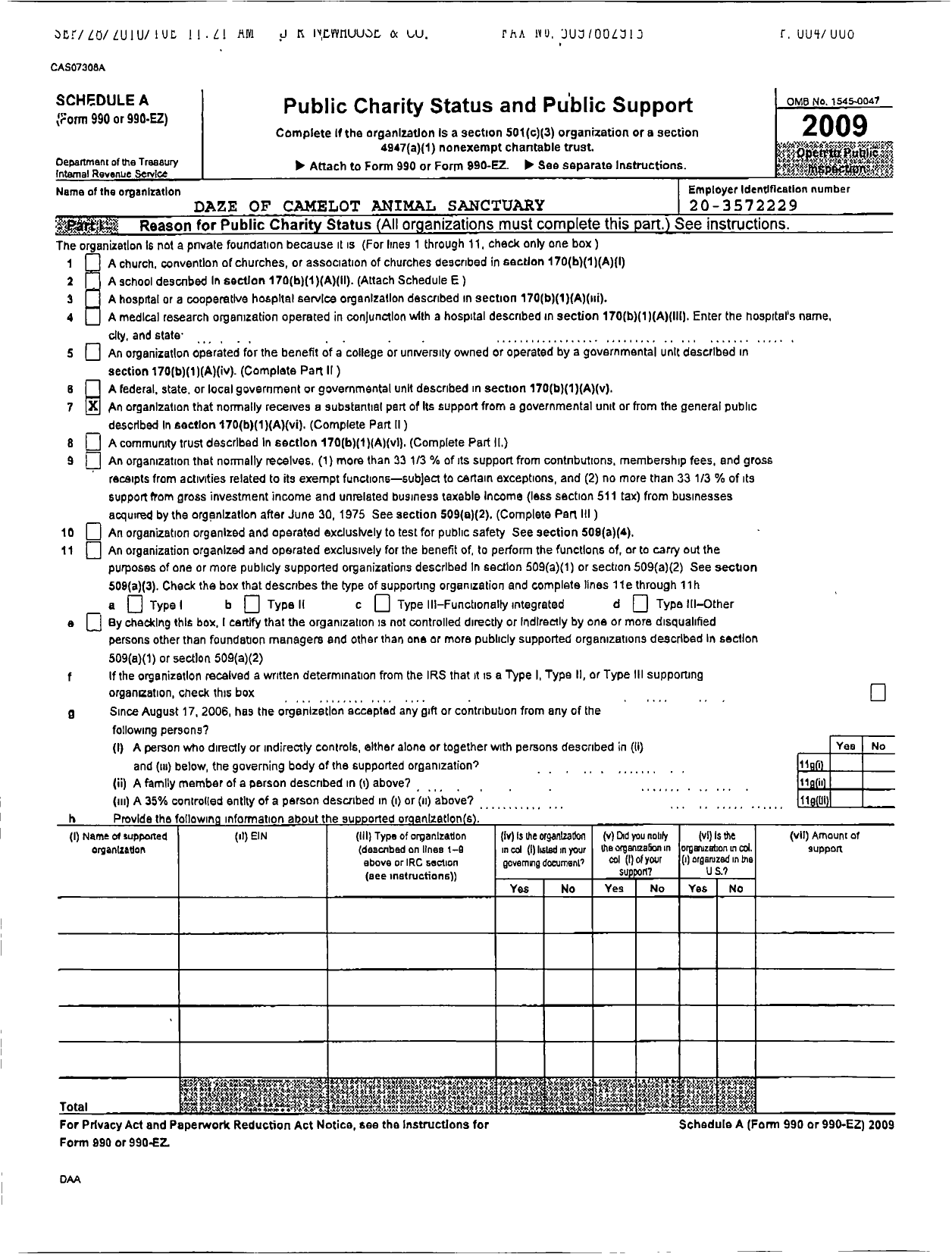 Image of first page of 2009 Form 990ER for Daze of Camelot Animal Sanctuary