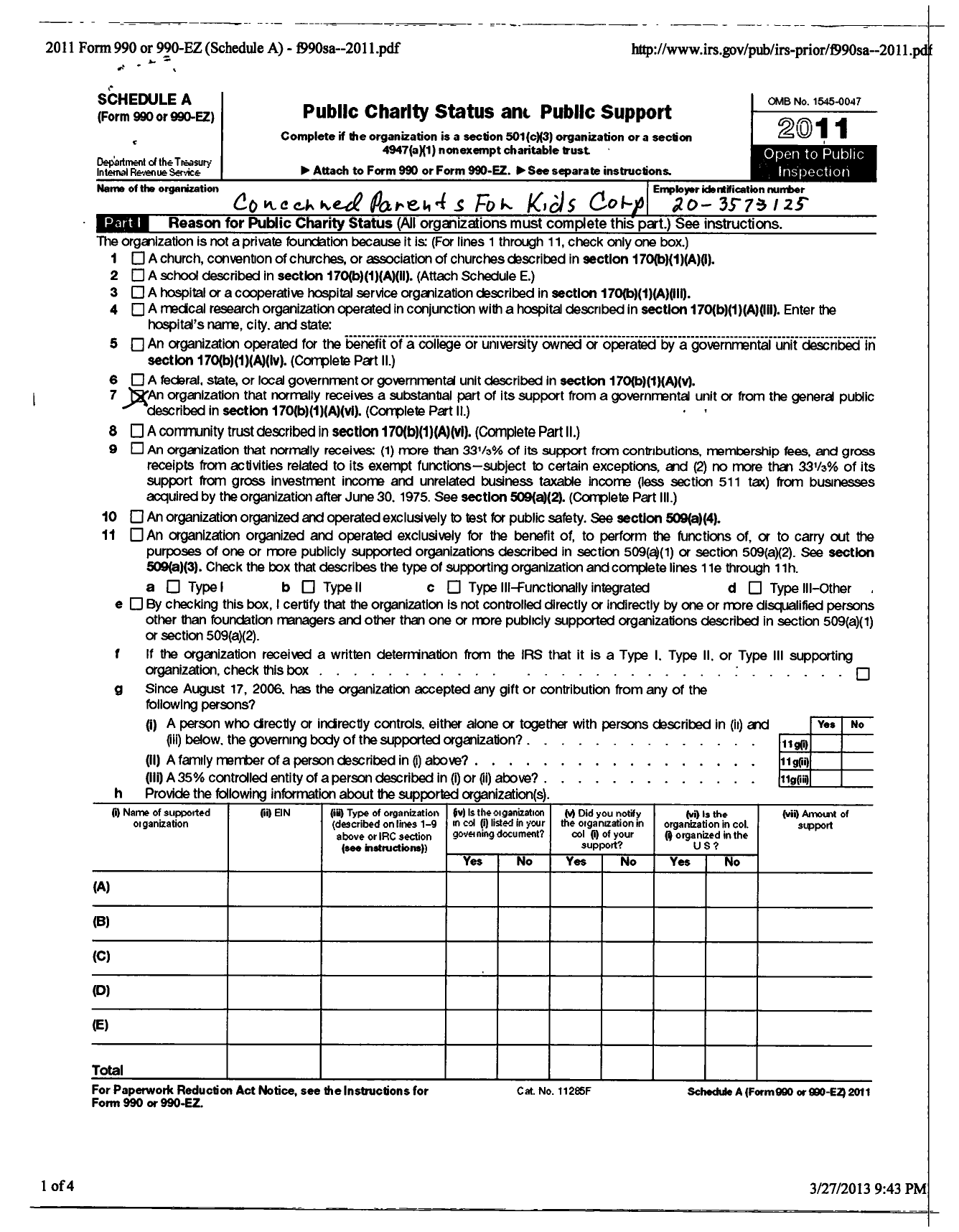 Image of first page of 2011 Form 990ER for Concerned Parents For Kids Corporation
