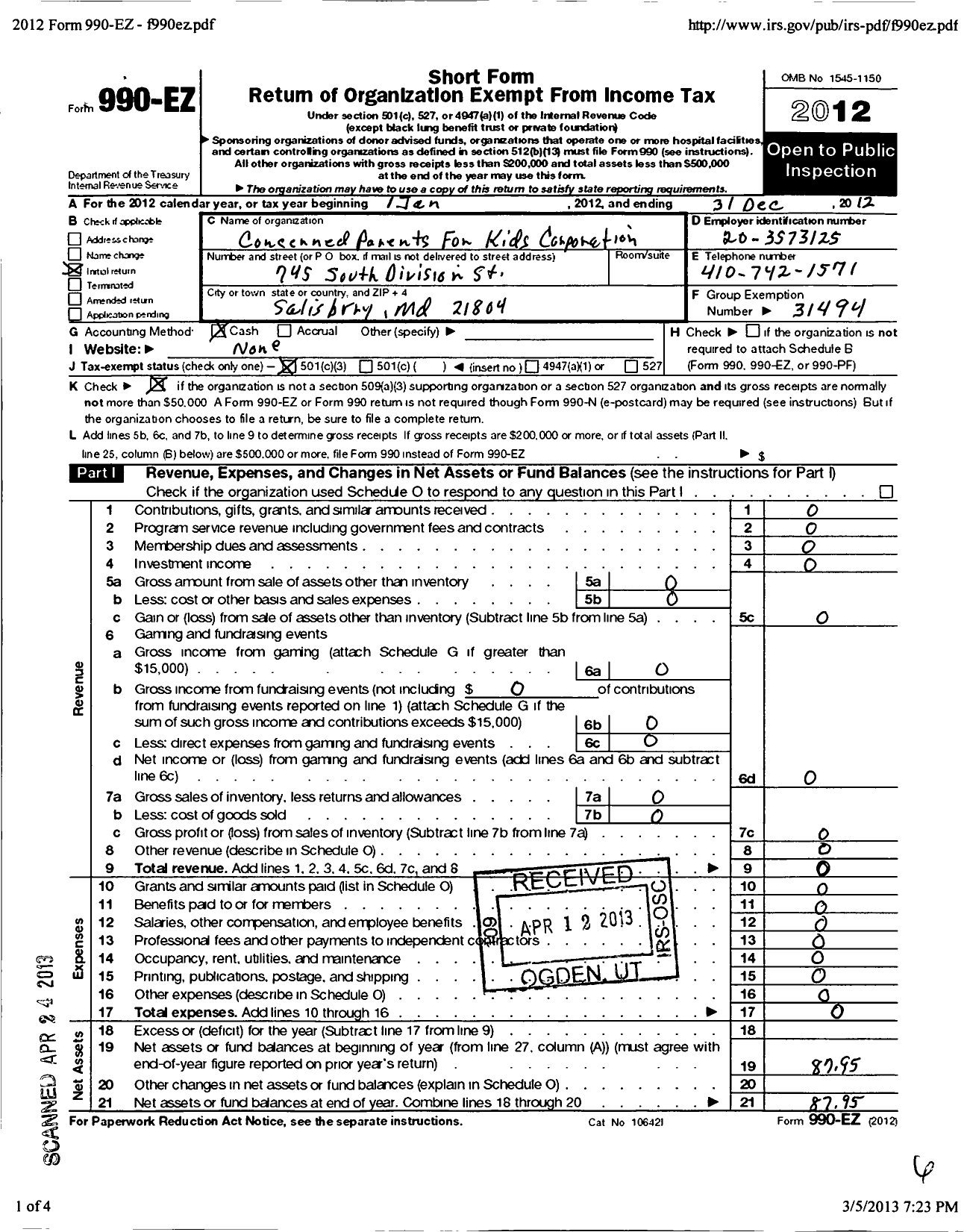 Image of first page of 2012 Form 990EZ for Concerned Parents For Kids Corporation