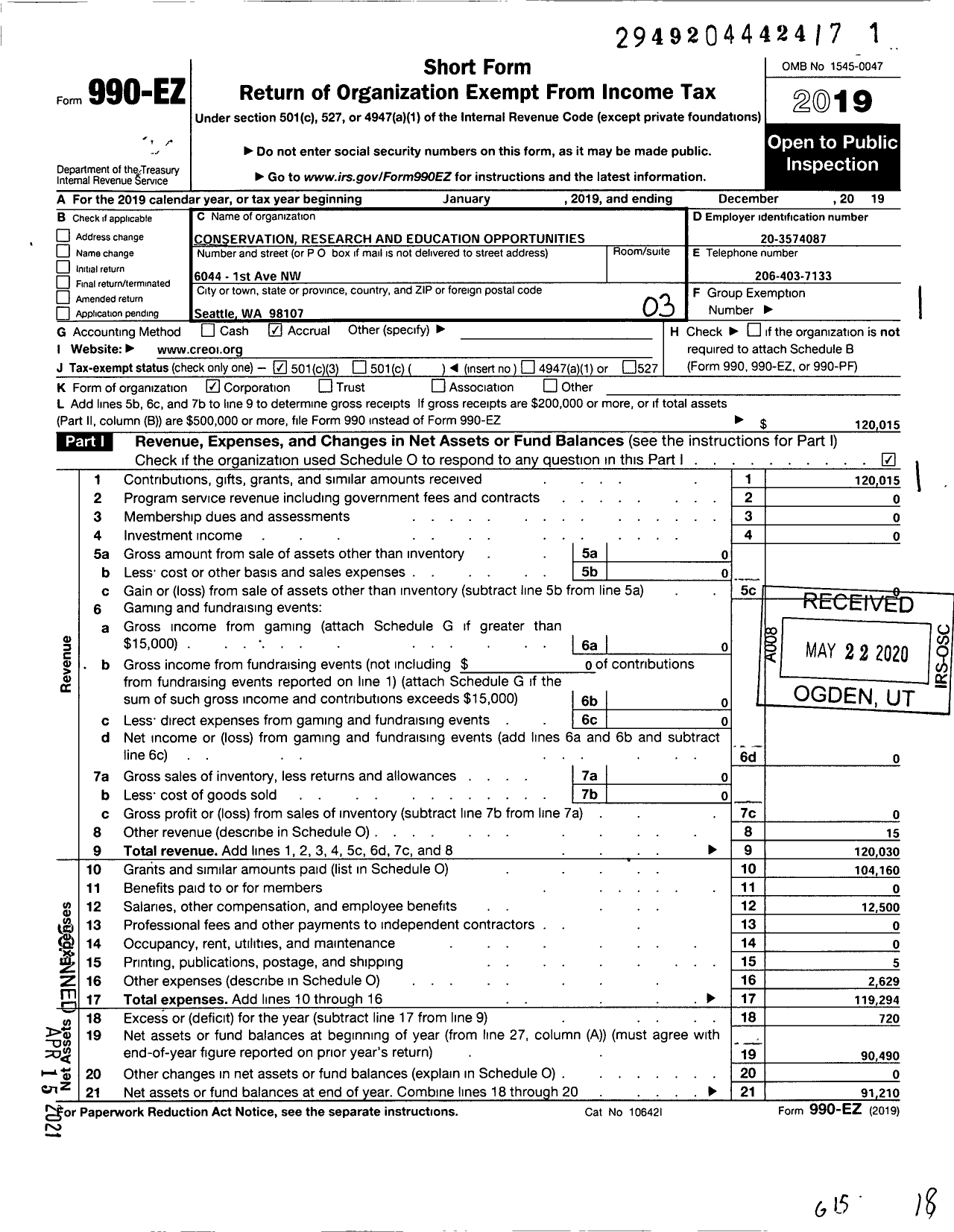 Image of first page of 2019 Form 990EZ for Conservation Research and Education Opportunities (CREO)