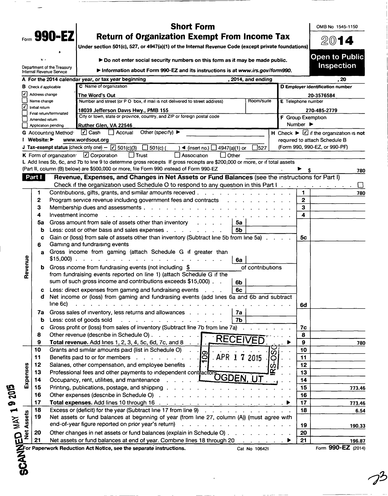 Image of first page of 2014 Form 990EZ for Words Out