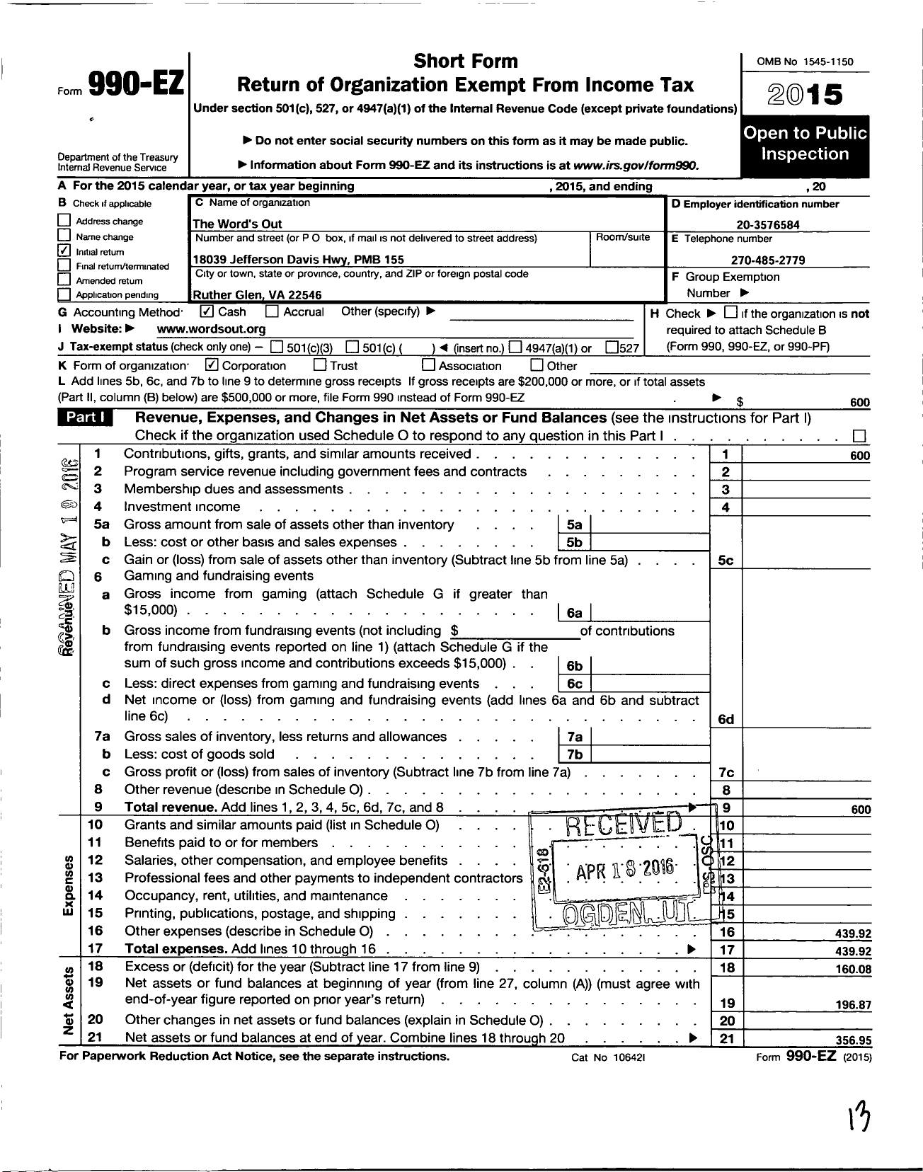 Image of first page of 2015 Form 990EO for Words Out