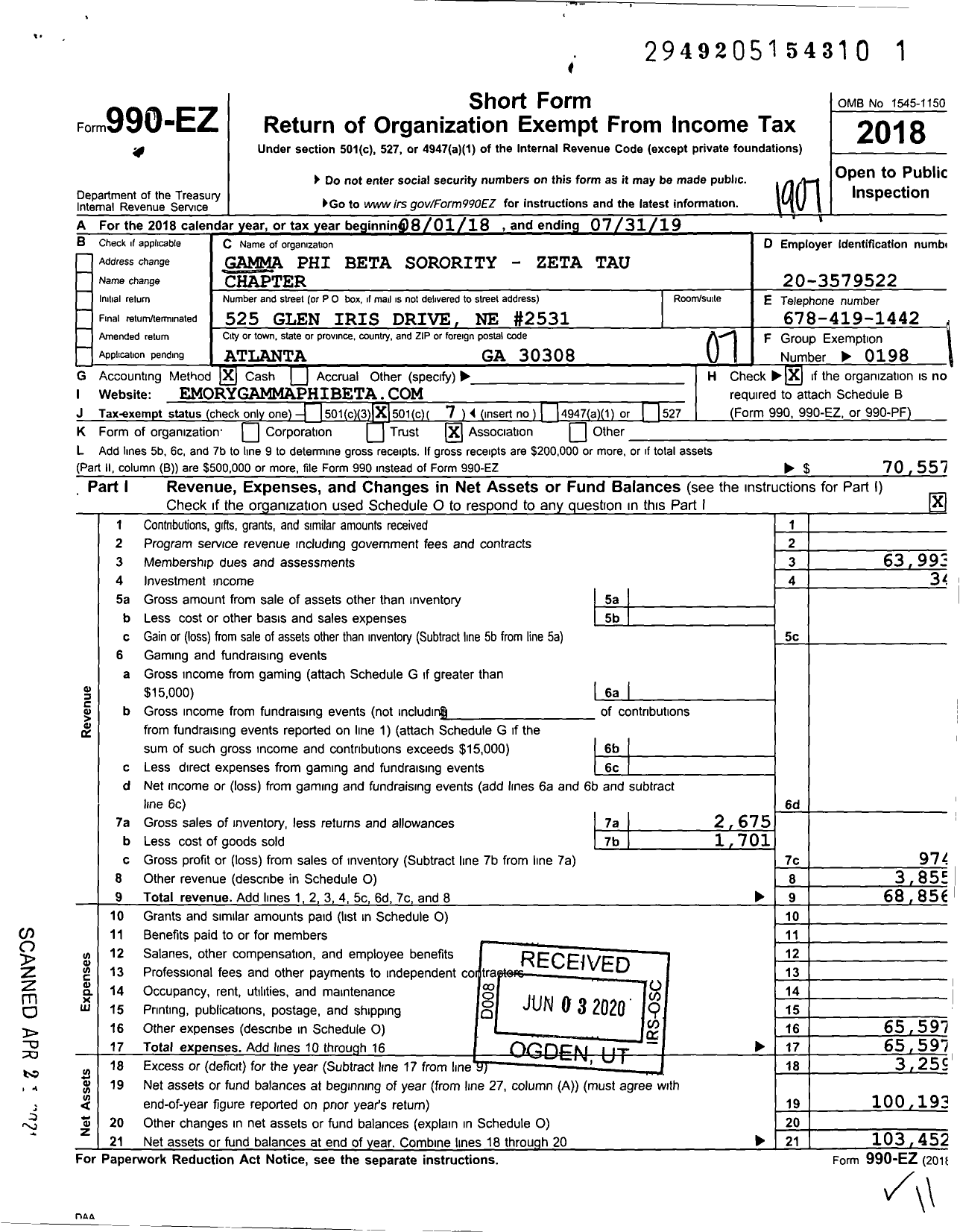 Image of first page of 2018 Form 990EO for Gamma Phi Beta Sorority - Zeta Tau Chapter