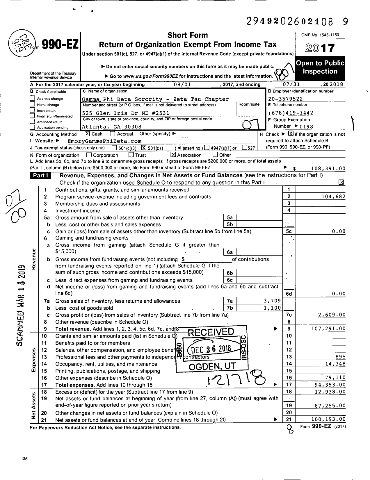 Image of first page of 2017 Form 990EO for Gamma Phi Beta Sorority - Zeta Tau Chapter