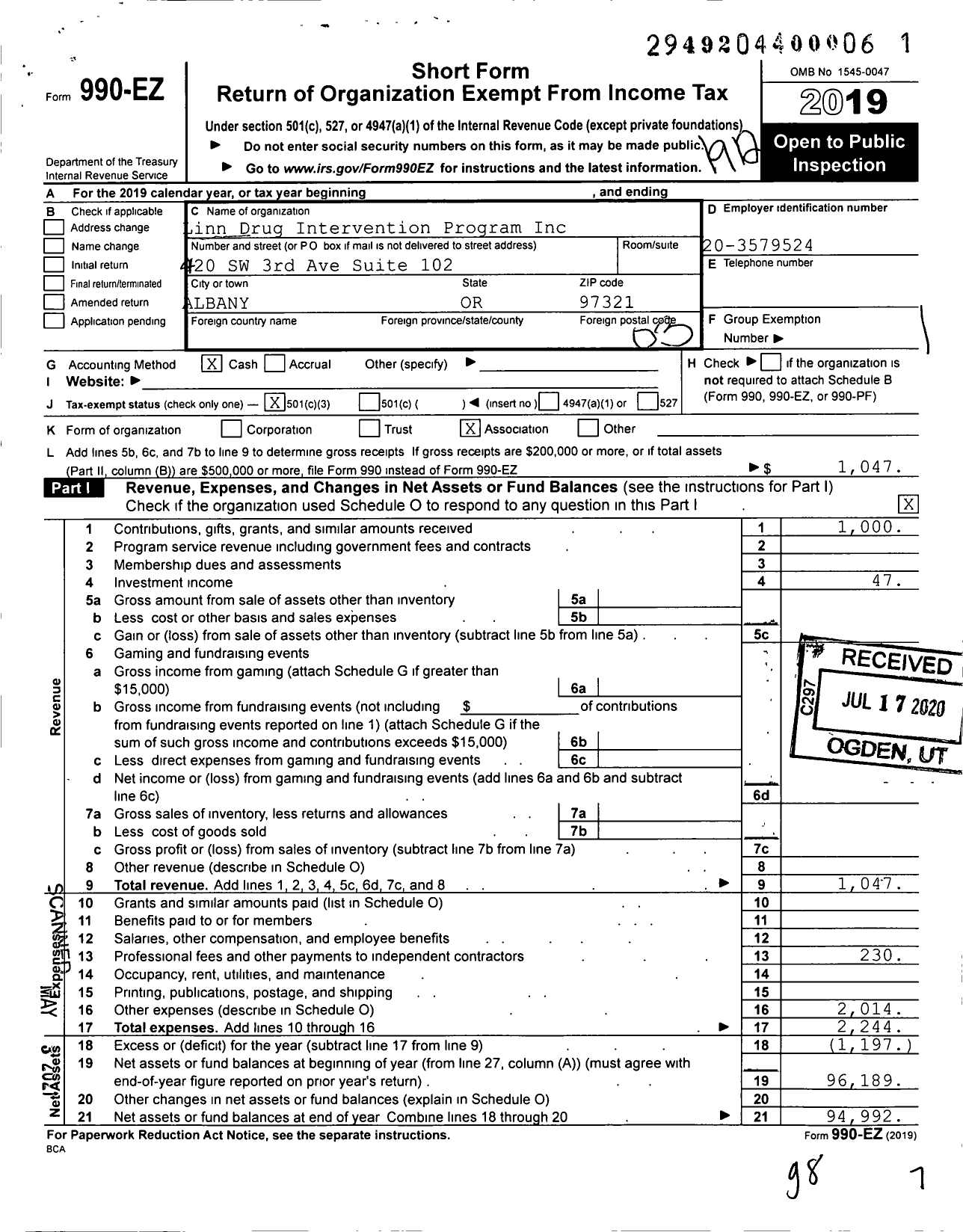 Image of first page of 2019 Form 990EZ for Linn Drug Intervention Program