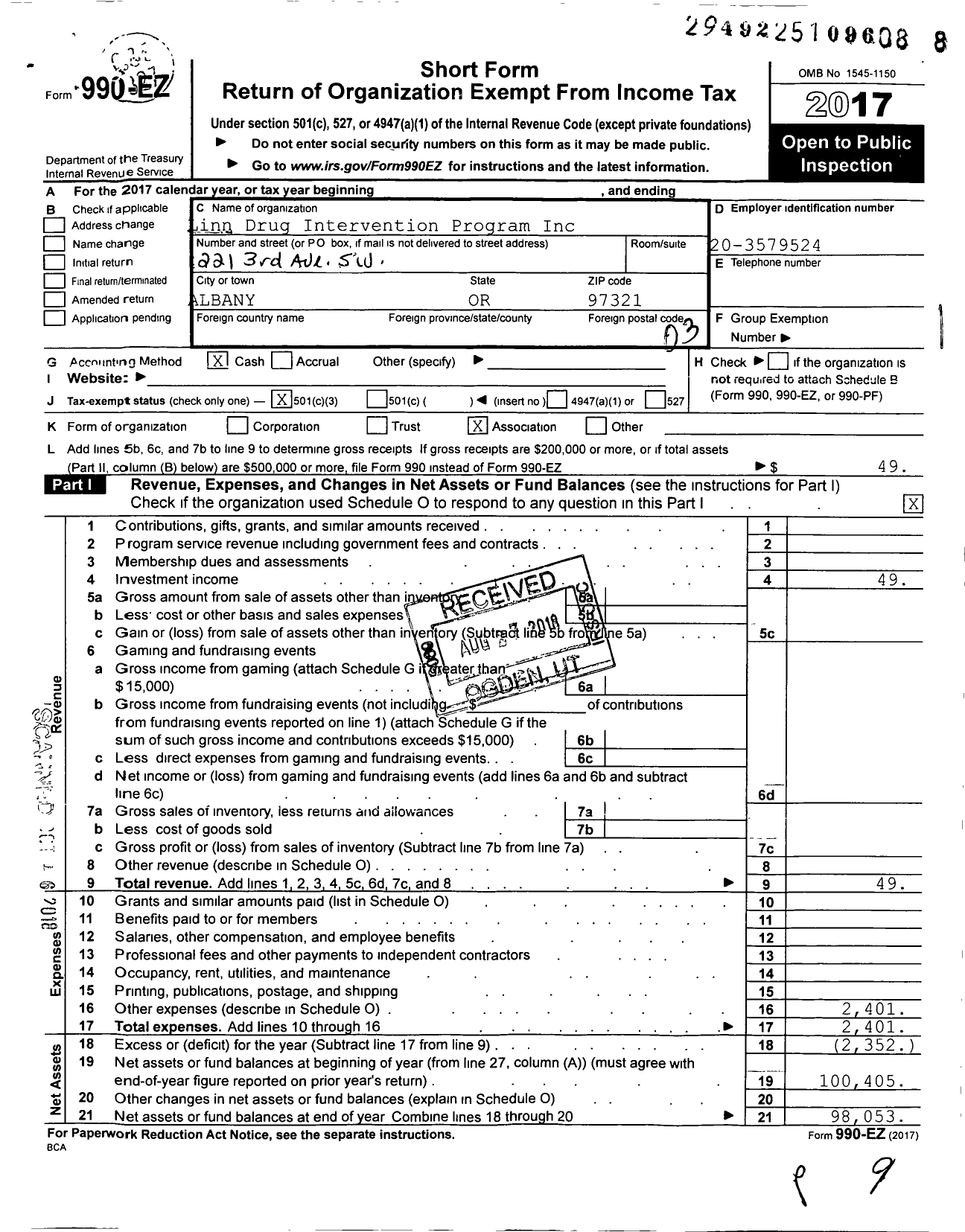 Image of first page of 2017 Form 990EZ for Linn Drug Intervention Program