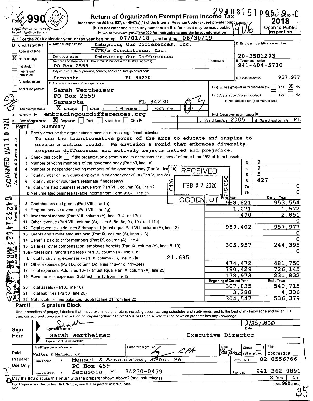 Image of first page of 2018 Form 990 for Embracing Our Differences