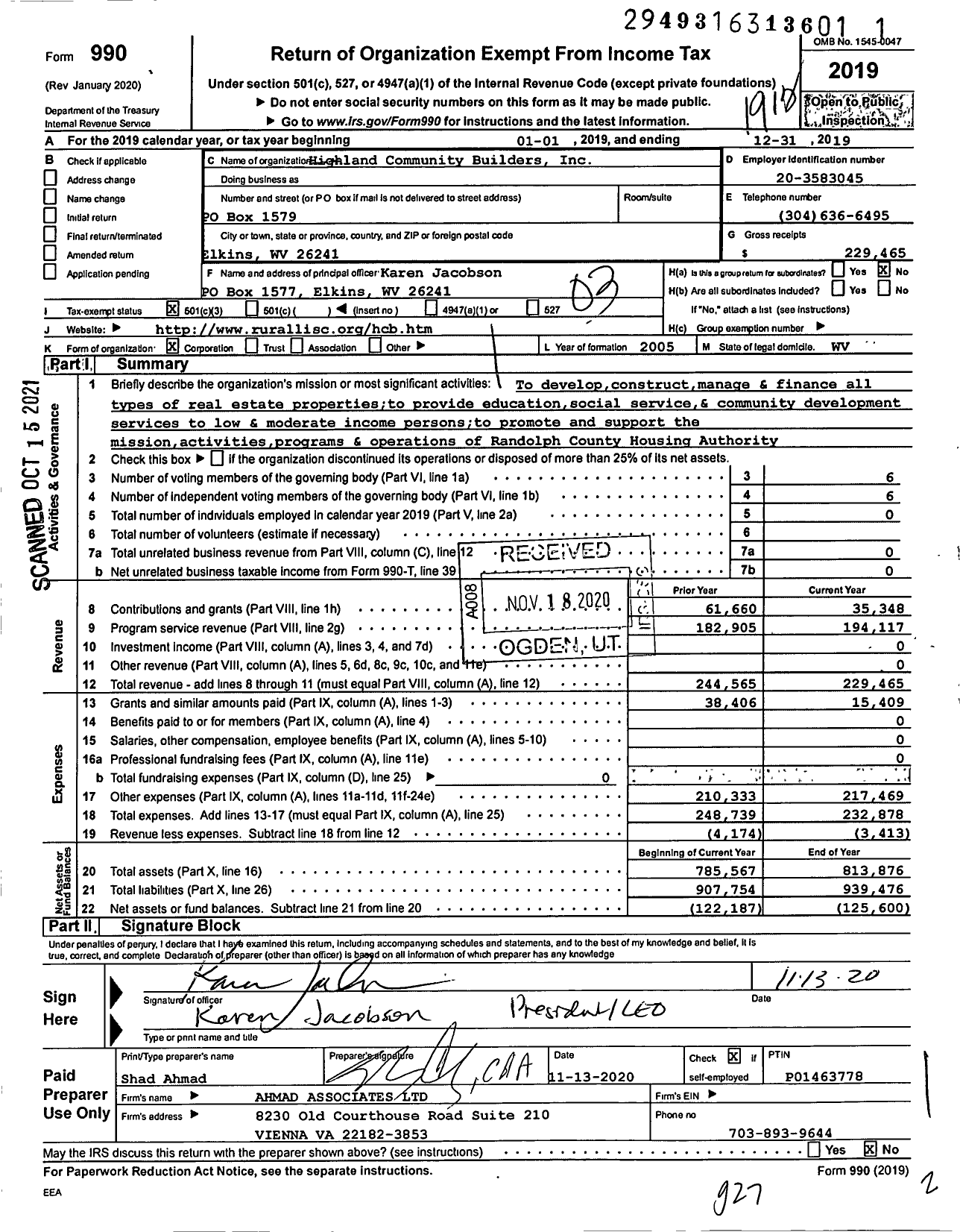 Image of first page of 2019 Form 990 for Highland Community Builders
