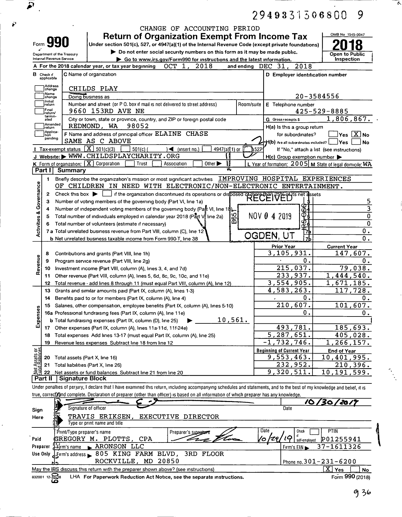 Image of first page of 2018 Form 990 for Child's Play