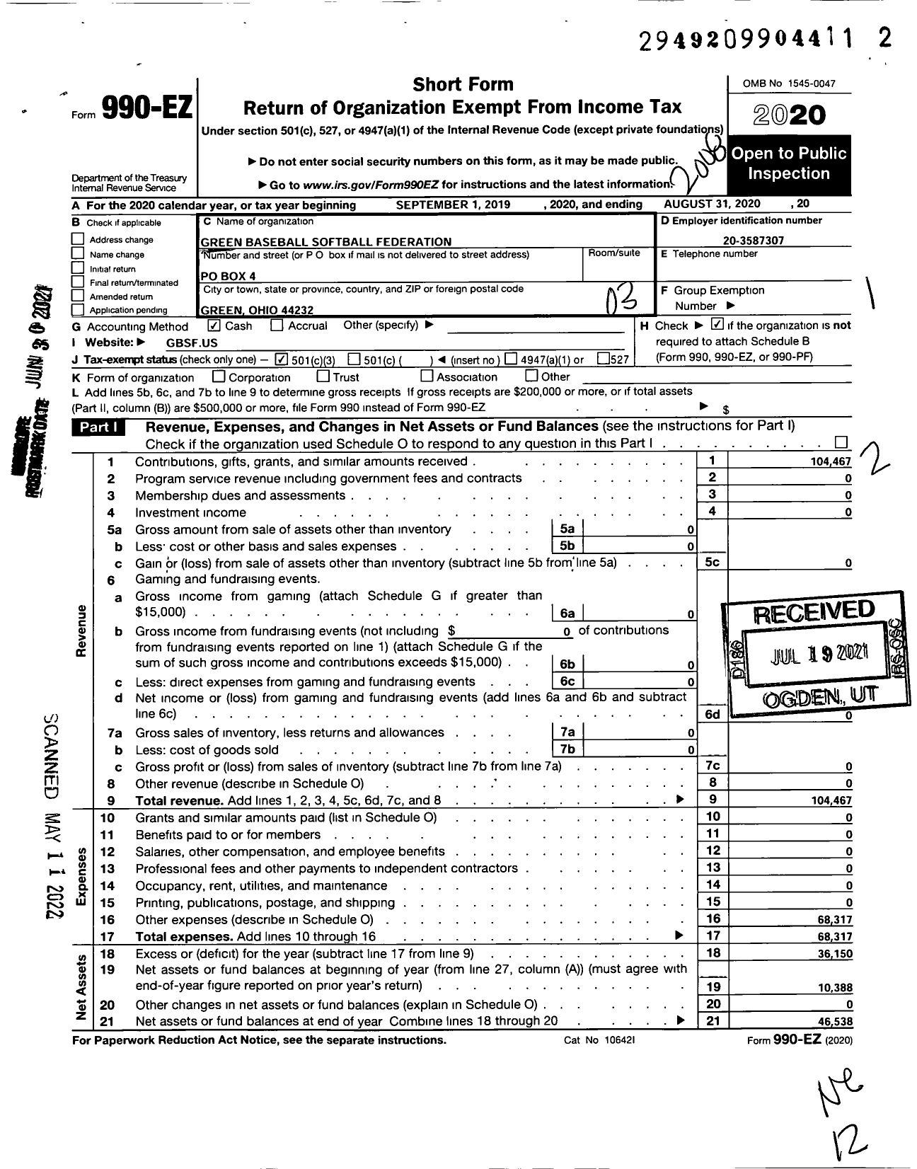 Image of first page of 2019 Form 990EZ for Green Baseball-Softball Federation