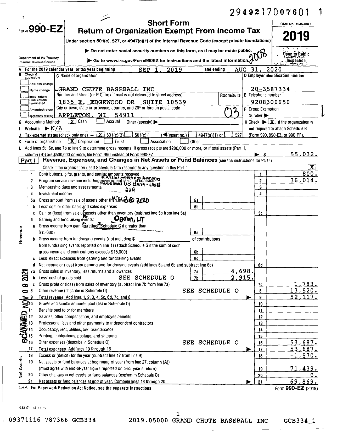 Image of first page of 2019 Form 990EZ for Grand Chute Baseball