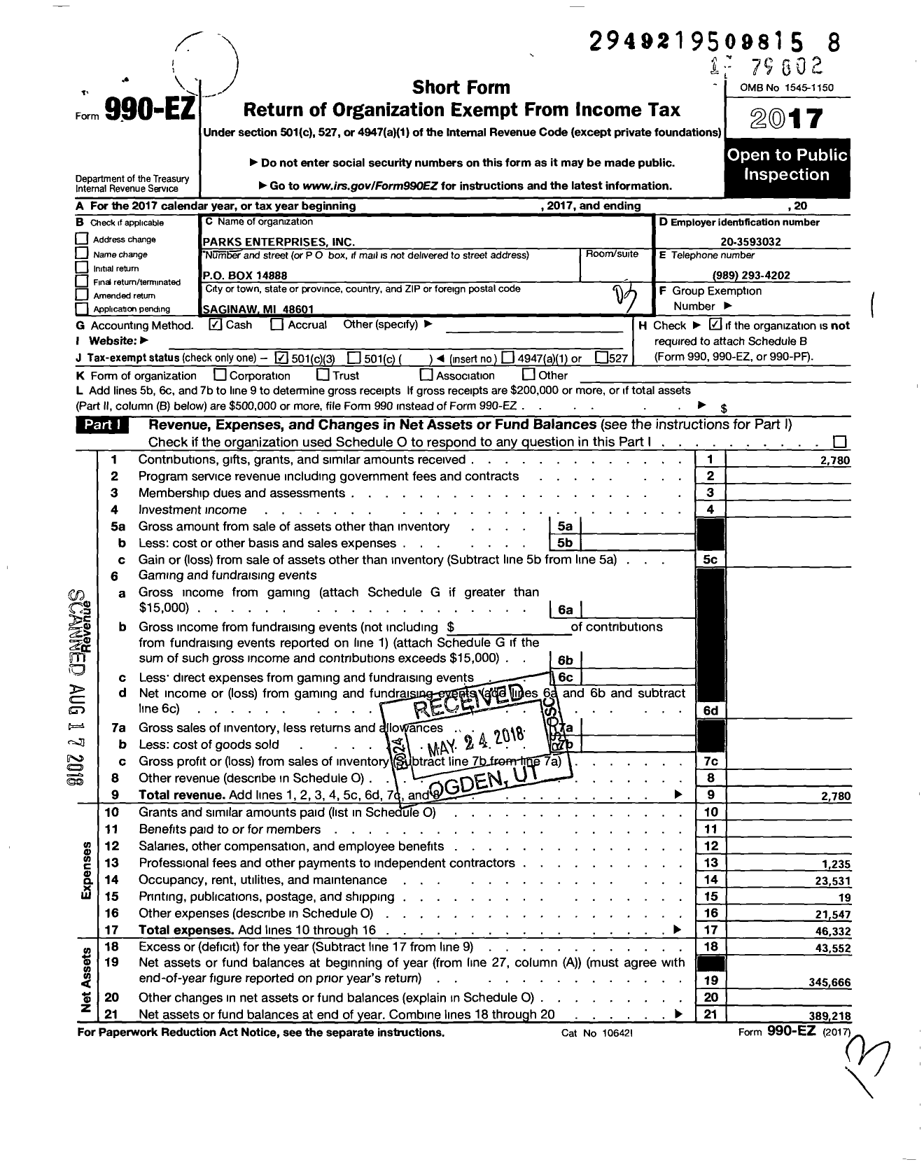 Image of first page of 2017 Form 990EZ for Parks Enterprises