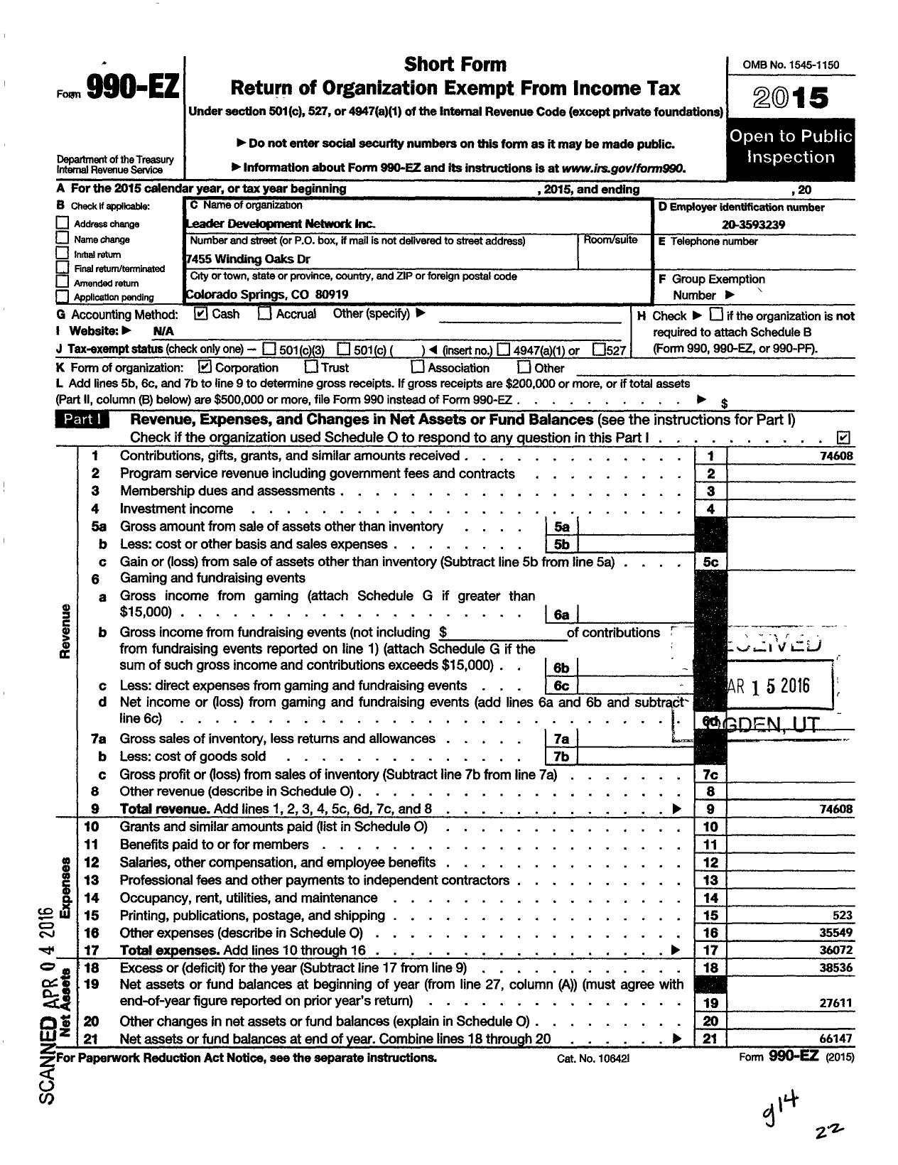 Image of first page of 2015 Form 990EO for Leader Development Network