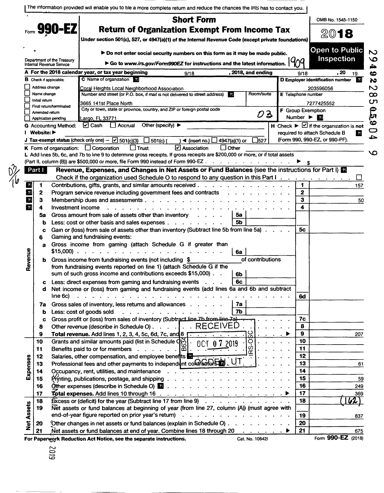 Image of first page of 2018 Form 990EZ for Coral Heights Local Neighborhood Association