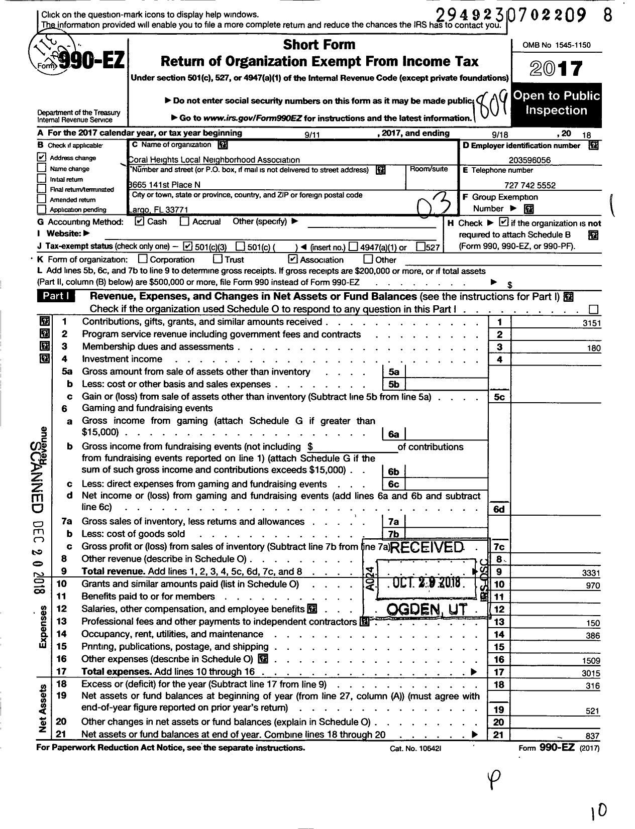 Image of first page of 2017 Form 990EZ for Coral Heights Local Neighborhood Association