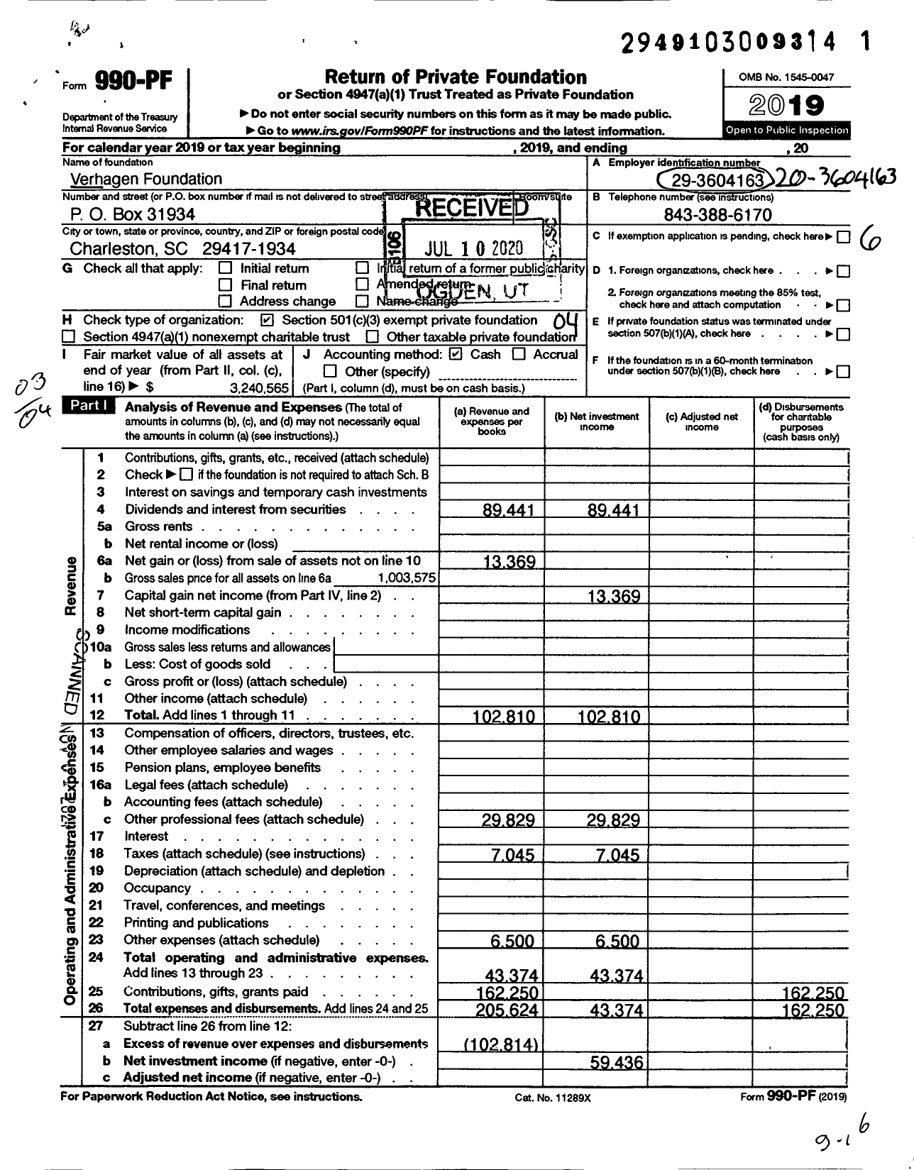 Image of first page of 2019 Form 990PF for Verhagen Foundation