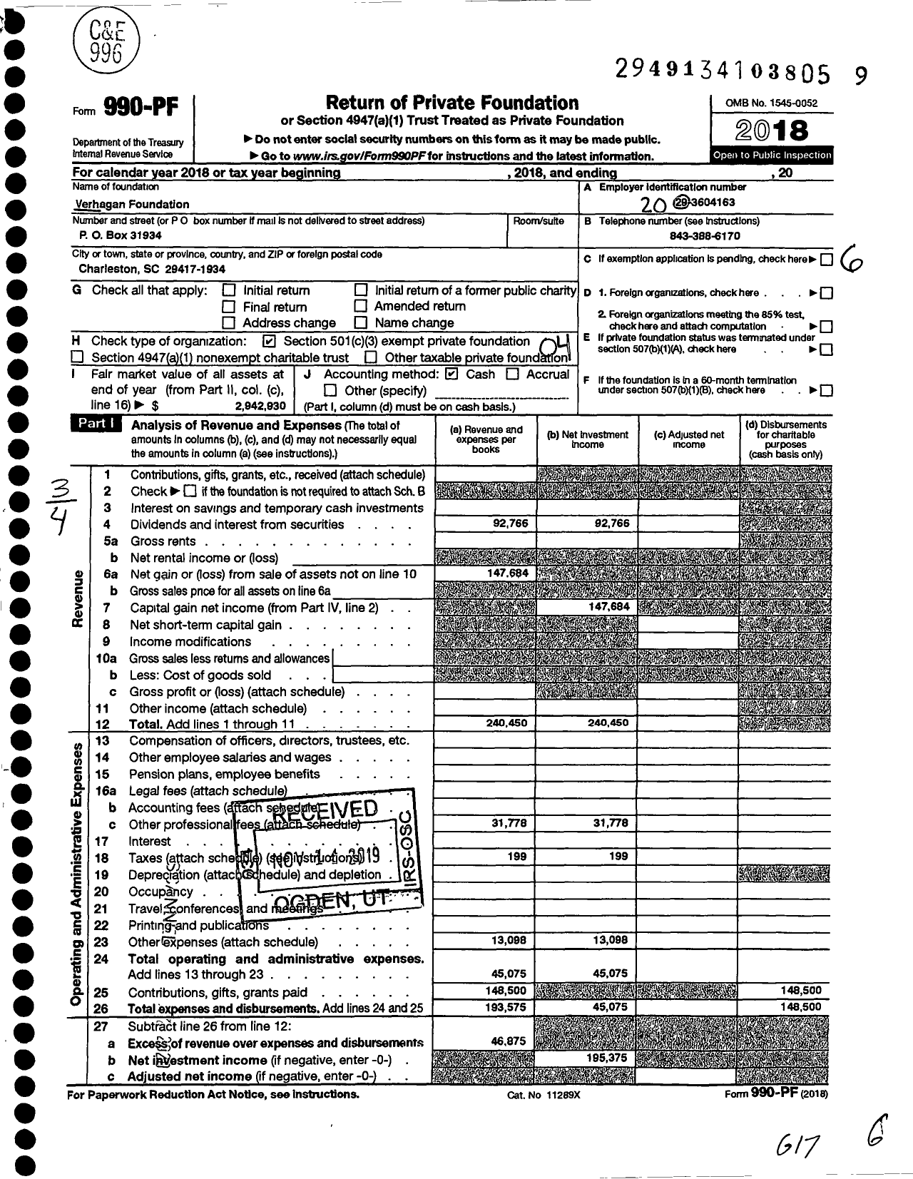 Image of first page of 2018 Form 990PF for Verhagen Foundation