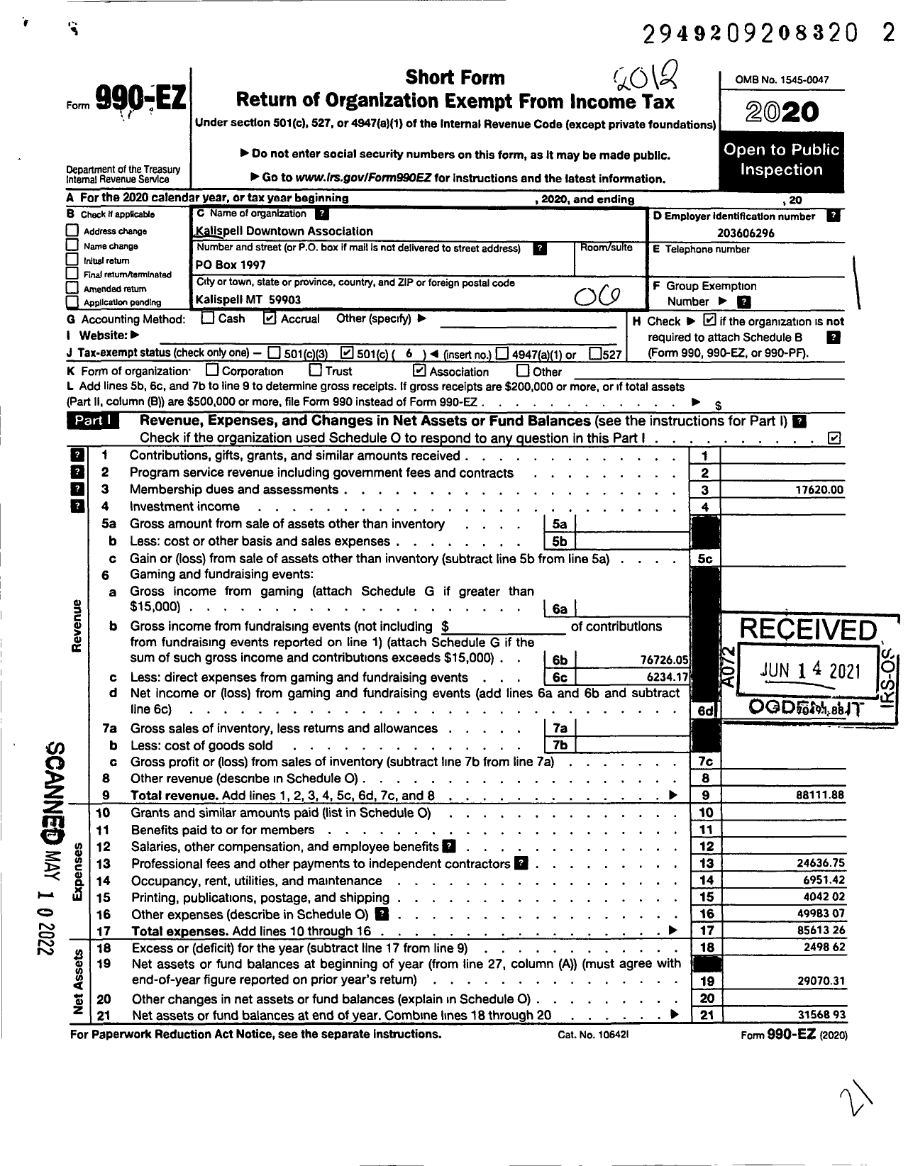 Image of first page of 2020 Form 990EO for Kalispell Downtown Association