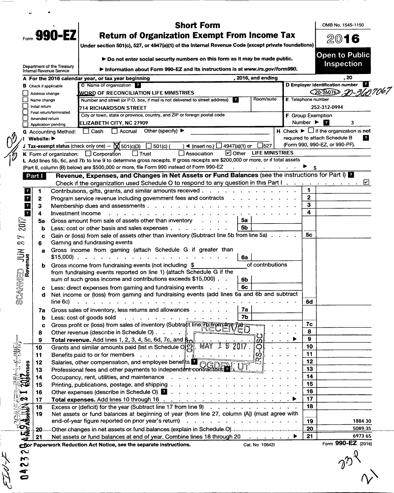 Image of first page of 2016 Form 990EZ for Word of Reconciliation Life Ministries