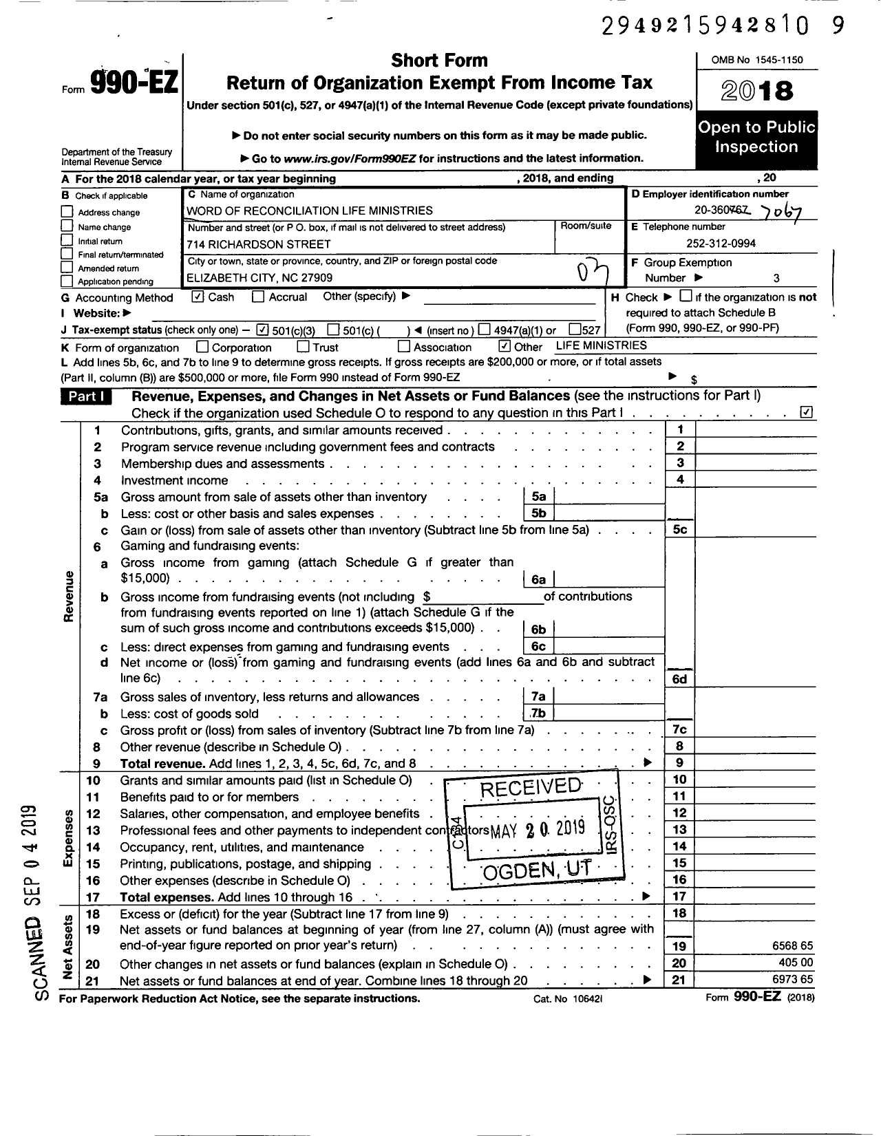 Image of first page of 2018 Form 990EZ for Word of Reconciliation Life Ministries