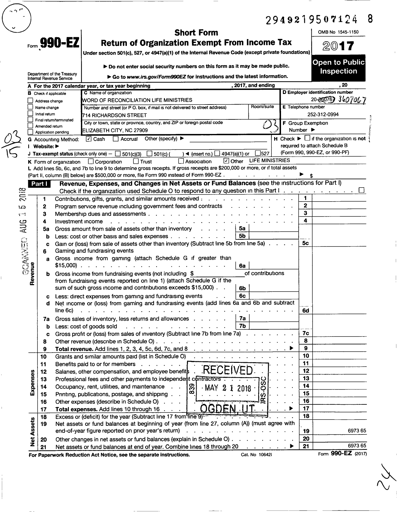 Image of first page of 2017 Form 990EZ for Word of Reconciliation Life Ministries