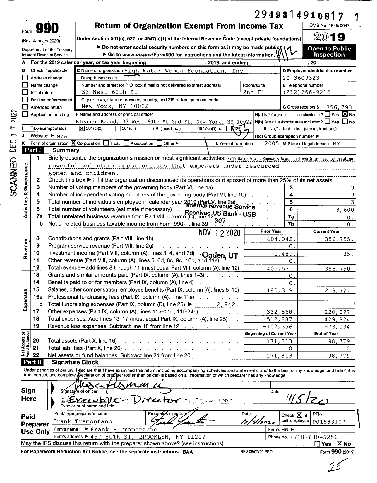 Image of first page of 2019 Form 990 for High Water Women Foundation
